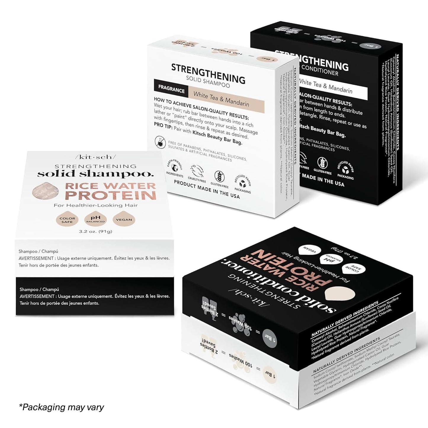 Kitsch Rice Water Shampoo & Conditioner Set - Solid Shampoo & Conditioner Bar with Protein for Strengthening Hair & Damage Repair - Paraben, Sulfate and Silicone Free - Nourishing Hair Care - 2 pack