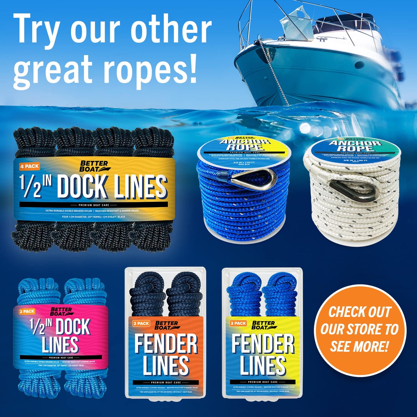 Dock Lines Boat Ropes for Docking, 3/8" Double Braided Mooring Marine Rope, 15ft Nylon Rope with Loop, Navy Blue, 4 Pack