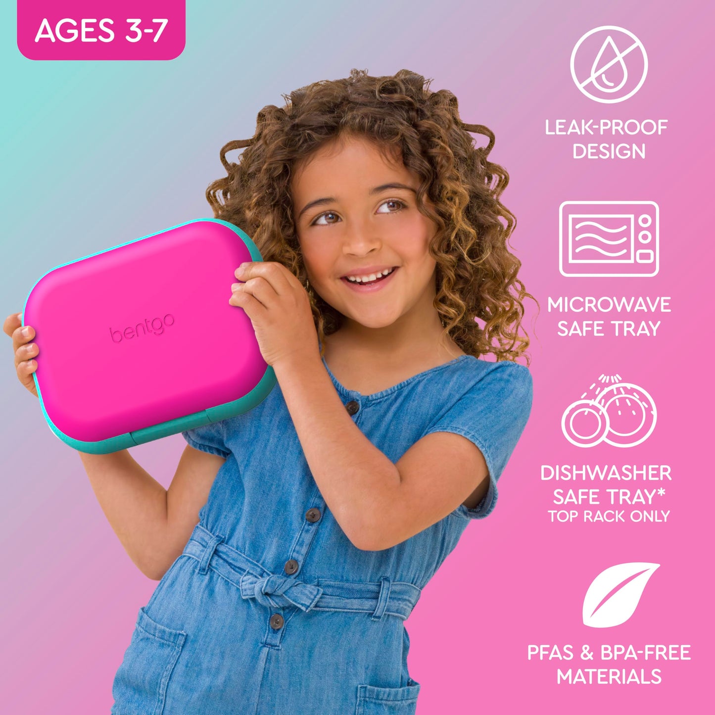 Bentgo Chill Kids Leak-Proof Lunch Box - 4-Compartment Bento Box with Built-In Ice Pack, 3.3 Cup Capacity, PFAS & BPA-Free, Microwave & Dishwasher Safe, Ideal Size for Ages 3 to 7 (Fuchsia/Teal)