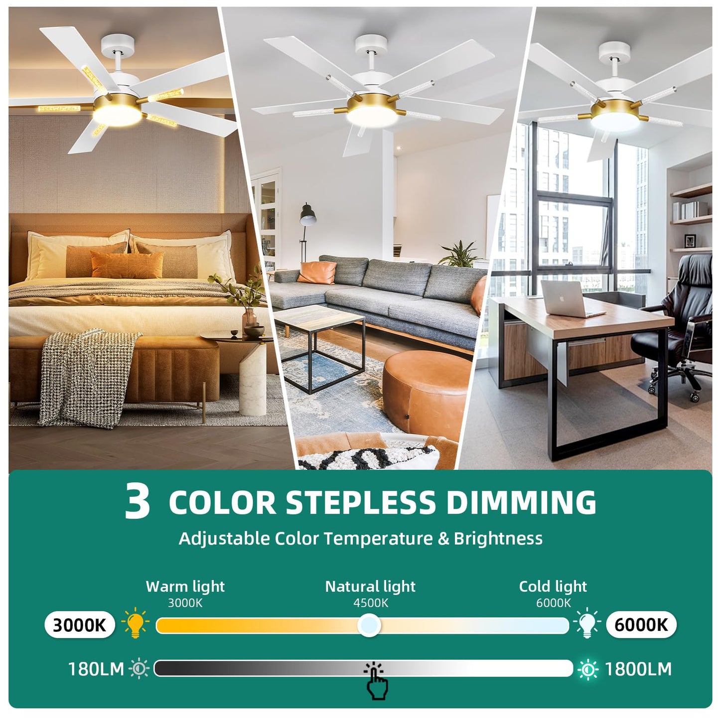 YITAHOME 60 Inch Ceiling Fan with Light and Remote, 5 Blades with Crystal Rod Design, Modern Chandelier Ceiling Fan with Reversible Quiet Motor, Indoor Fan with 3 LED Color, White &Gold