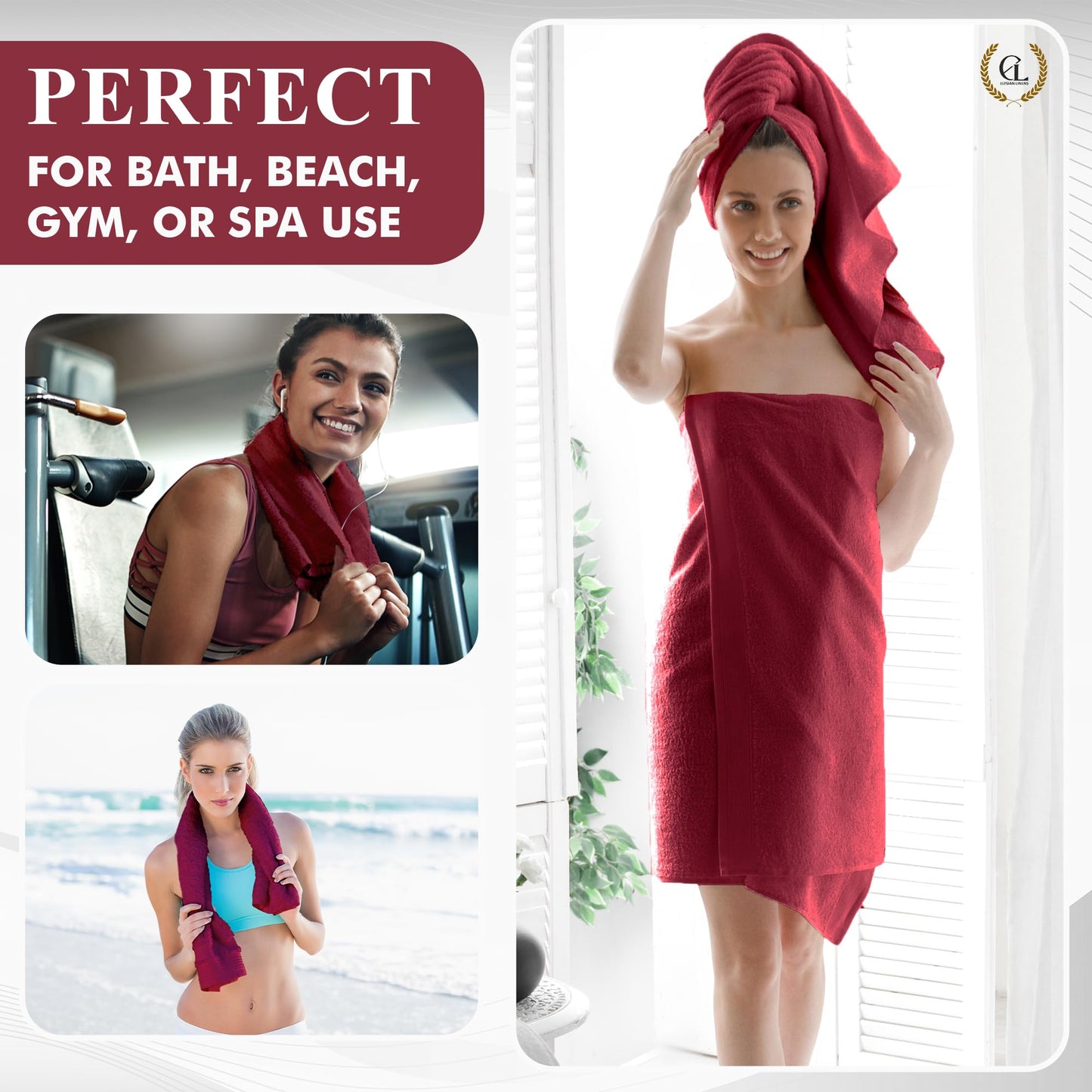 Elysian Linens Bath Towels Highly Absorbent Soft Fade Resistant 100% Cotton Bath Towels Hand Towels and Washcloth Set (Elysian Linens Crimson Comfort) 6-Piece 600 GSM