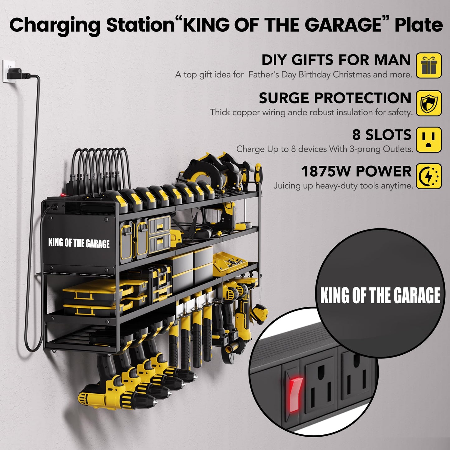 YFFSRJDJ Power Tool Organizer Wall Mount with Charging Station, Cordless Tool Organizer, 12 Drill Holders 4-Tier Heavy Duty Drill Rack with 8-Outlet Power Strip, Garage Gift for Men
