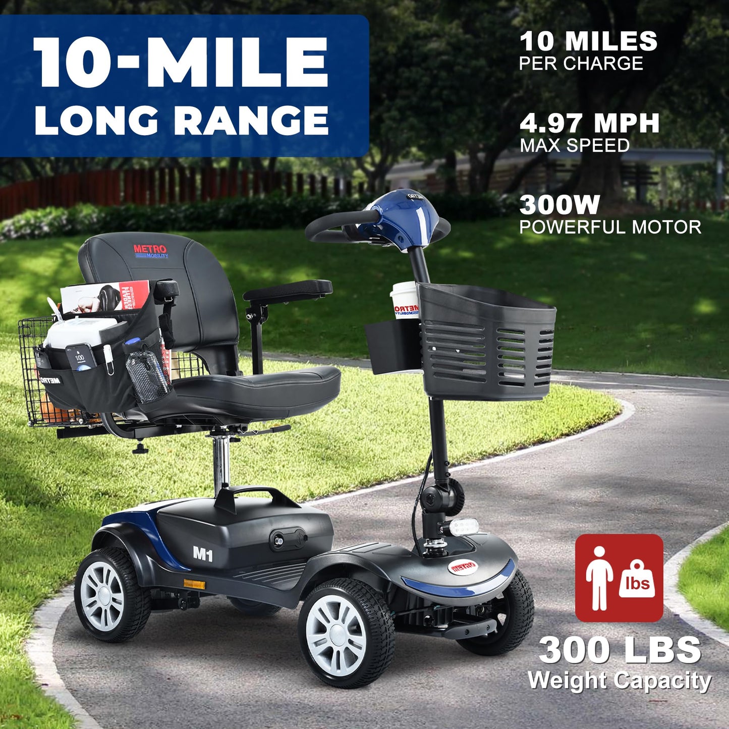 Metro Mobility 4 Wheel Powered Mobility Scooters, 300 lbs Capacity Mobility Scooters for Adults, Folding Mobility Scooter Lightweight, Electric Scooters for Seniors 10 Miles Range LED Light Blue