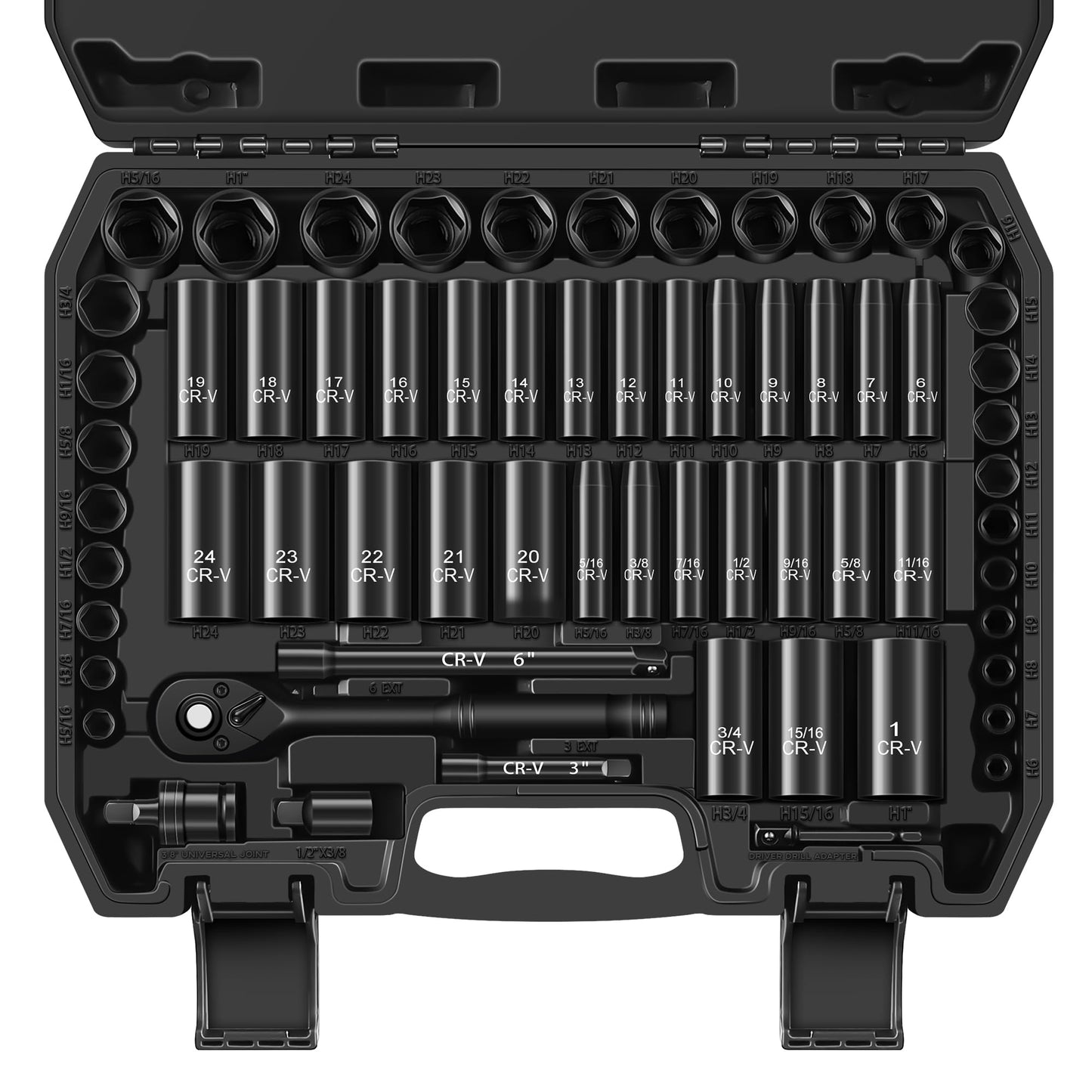 Reniteco 64-Piece 3/8" Drive Socket Set, SAE (5/16"-1") & Metric (6mm-24mm), Deep & Shallow, 72-Tooth Ratchet Wrench, Extension Bars, 1/2" F to 3/8" M Reducer, Universal Joint & Power Drill Adapter