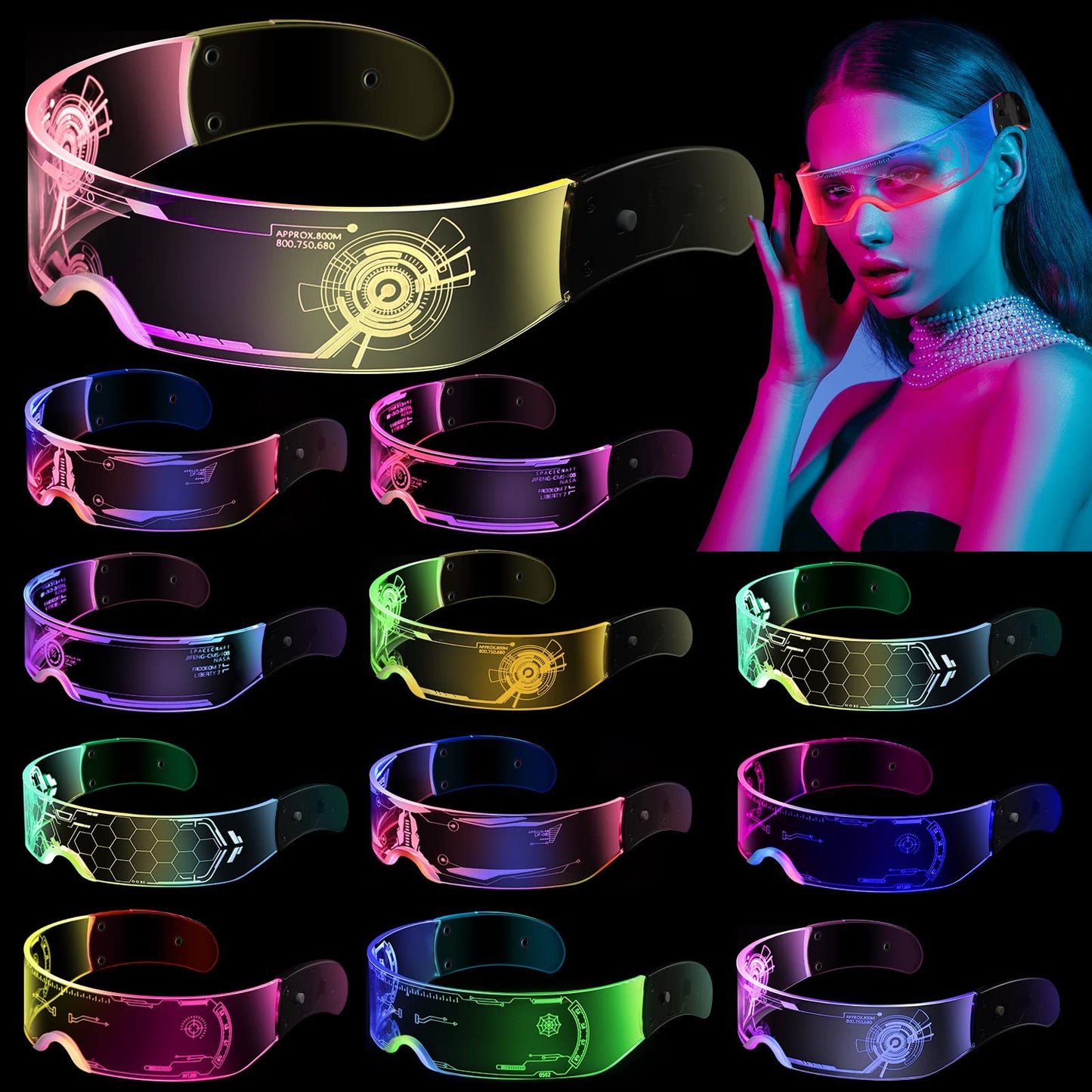 HyDren 12 Pairs LED Visor Glasses Light up Glasses Futuristic Glasses 6 Modes Honeycomb Neon Luminous Glasses Men Women Adults Rave Cosplay Bar Mardi Gras Party 6 Styles