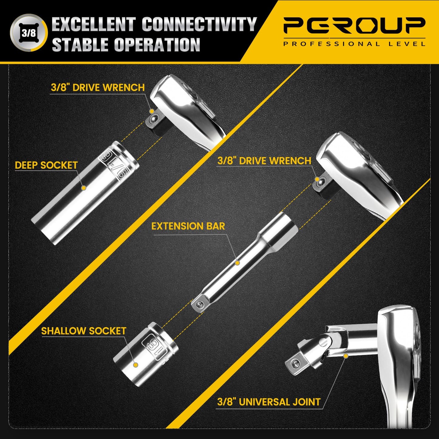 pgroup 3/8" Drive Socket Set, 52-Piece SAE (3/16-9/16 in) and Metric (4-14 mm) Deep & Shallow Socket Kit, 90-Tooth Ratchet Wrench, 6-Point, Chrome Vanadium Steel Mechanic Tool Set