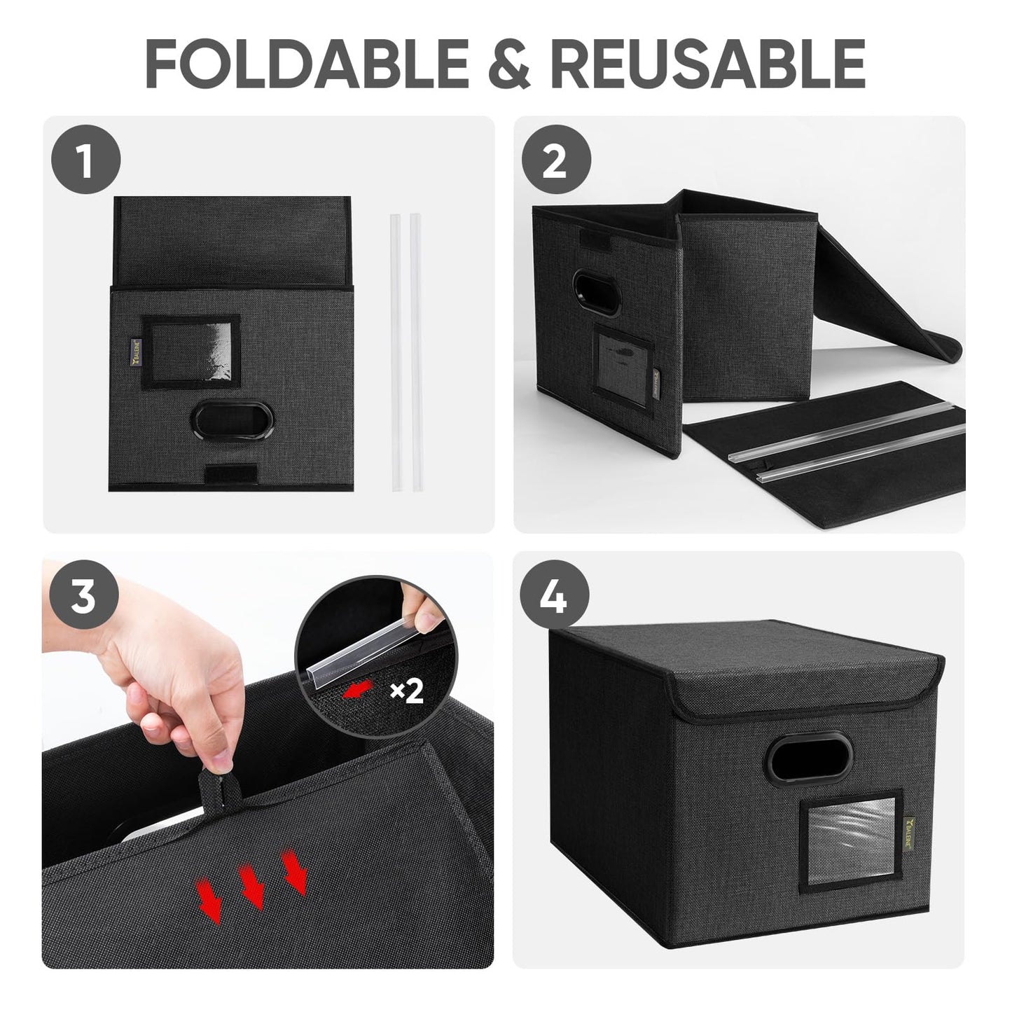 BALEINE File Organizer Box with Lid, Collapsible File Folder Organizer with Plastic Slide, Hanging File Folder Box for Office Document Storage (1 Pack, Black)