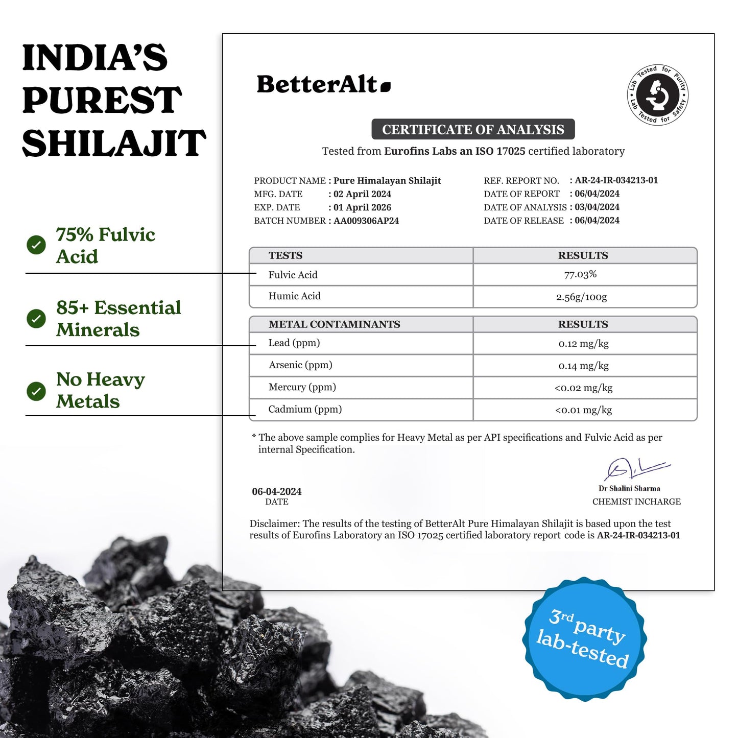 Better Alt Pure Himalayan Shilajit Resin | High Potency for Men & Women | 75 Servings for Stamina and Muscle Building, 85+ Trace Minerals, 75% Fulvic Acid, with Lab Test Report, 400mg