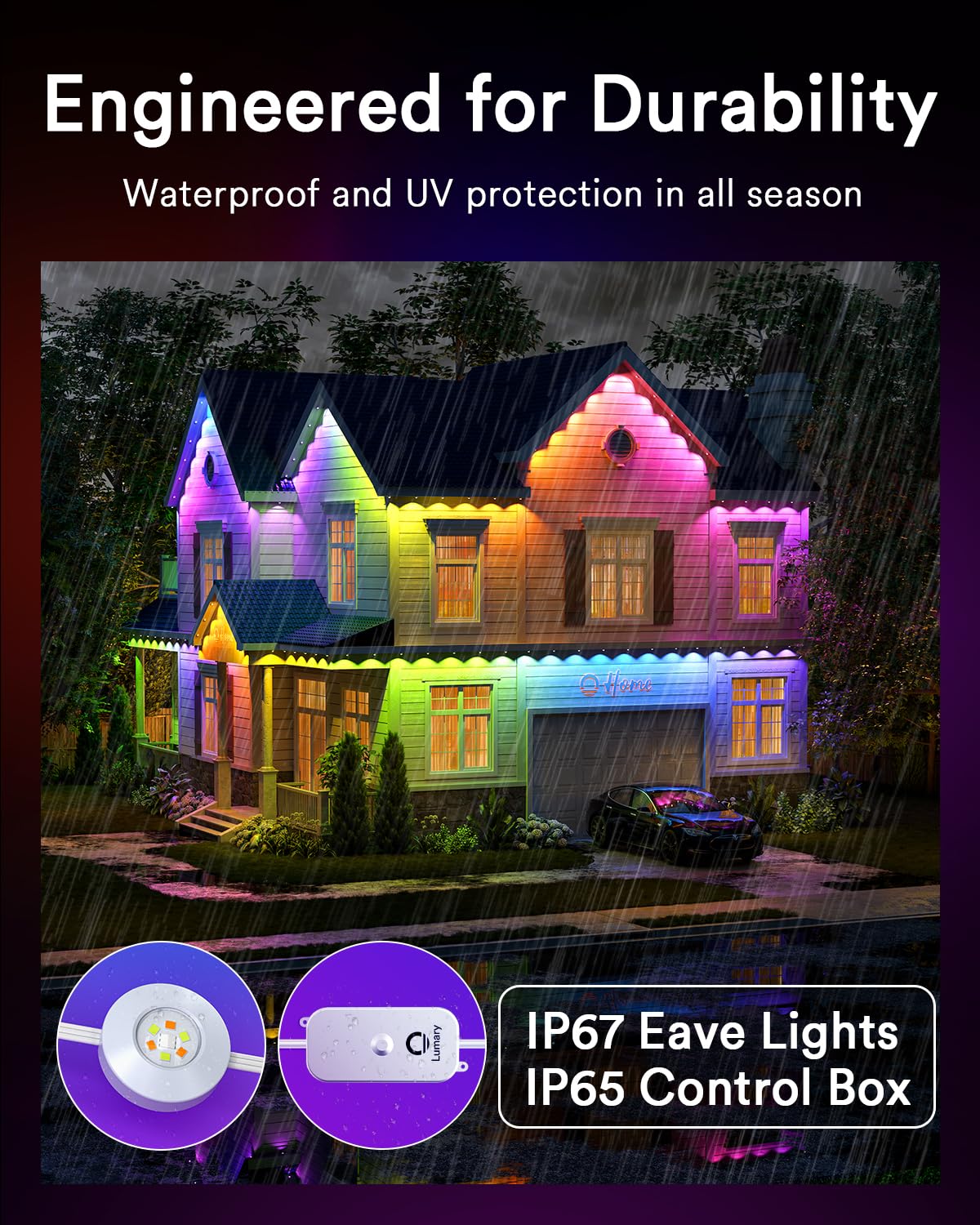 Lumary Permanent Outdoor Lights Pro 158ft with 120 LED RGBAICW Smart Eave Lights IP67 Waterproof for Easter, Halloween, Christmas Decoration, APP/Voice/Remote Control and Google Assistant