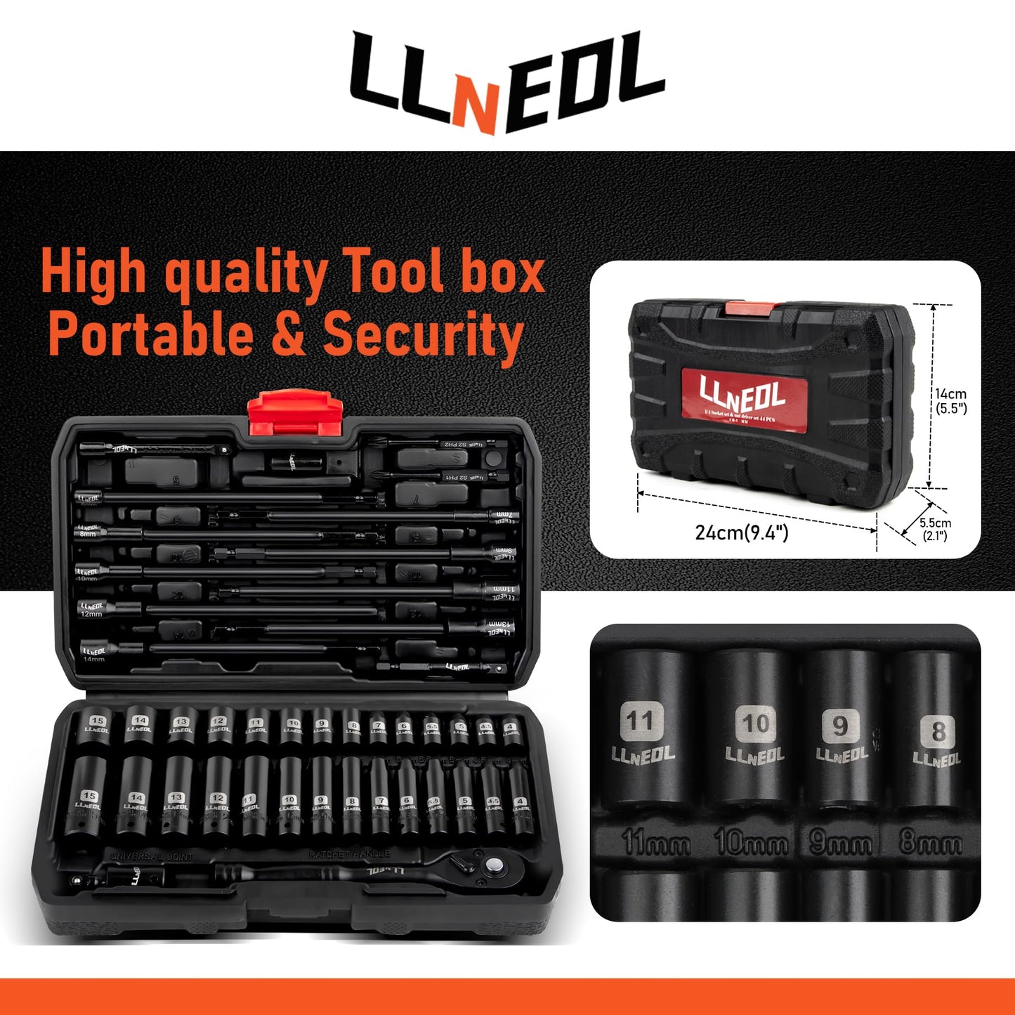 LLNEDL 1/4 inch Drive Socket Set & Nut Driver Set 44PCS, Metric Sockets Deep&Shallow (4-15mm) with Ratchet, 6" Magnetic Nut Drivers with 1/4" Hex Shank(6-14mm), Drill Bits (PH1/PH2)