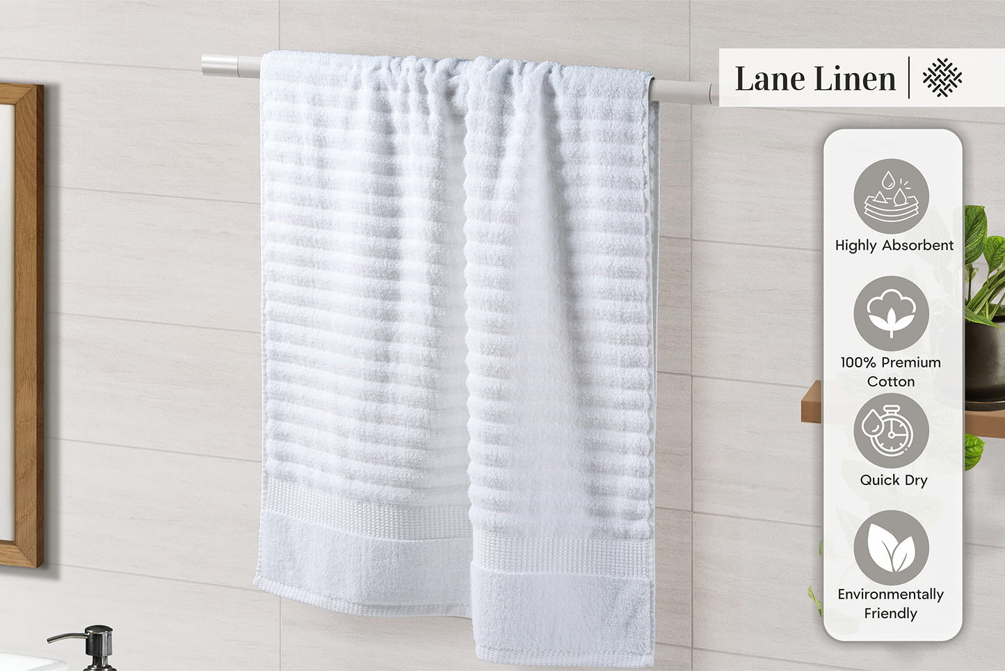 LANE LINEN White Bath Towels Set of 6-100% Cotton Towels for Bathroom, Hotel & Spa - Zero Twist, Premium Quality, Soft, Absorbent, Ribbed Bathroom Towel Set - Includes 2 Bath, 2 Hand & 2 Washcloths