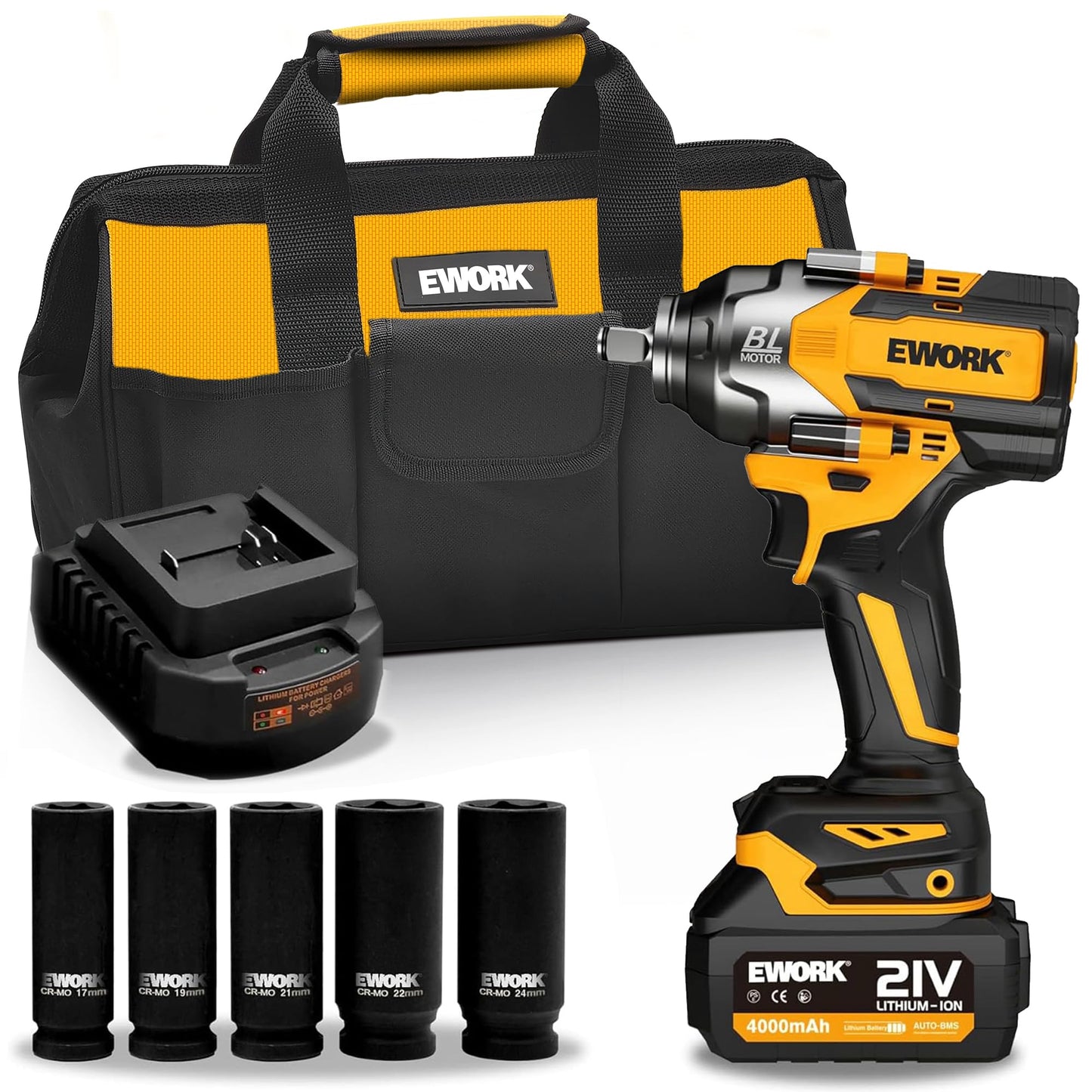 EWORK Cordless Impact Wrench 1/2 inch 21V Brushless High Torque Impact Gun Max 700 Ft-lbs Power Impact Wrenches with 4.0Ah Li-ion Battery, Fast Charger, 5 Sockets, Tool Bag (RB-810)