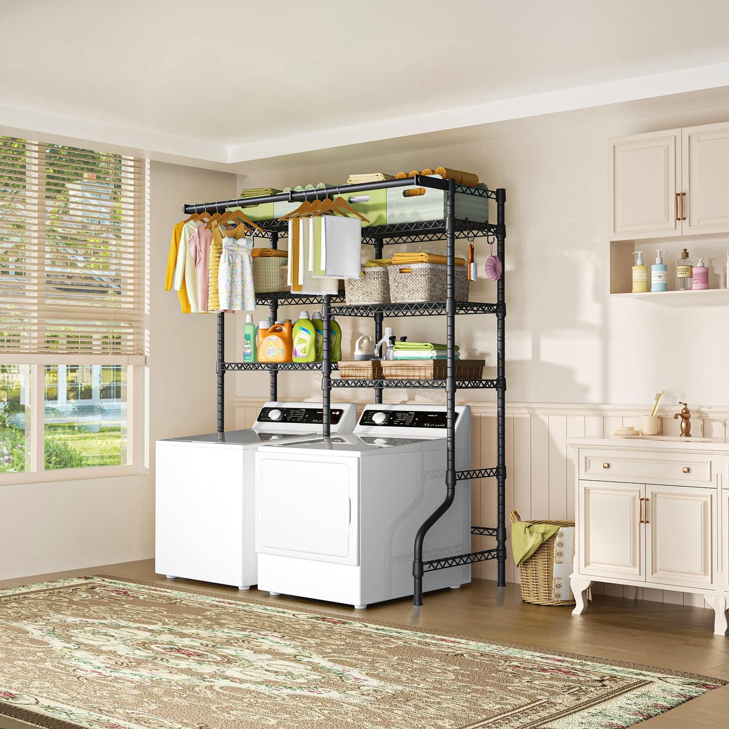 Ulif U13 Medium Over Washer and Dryer Storage Shelves, 6 Tiers Laundry Room Standing Shelf with 2 Hanger Rods, Space Saver Clothes Drying Rack, 57.8" W x 22" D x 77.4" H, Black