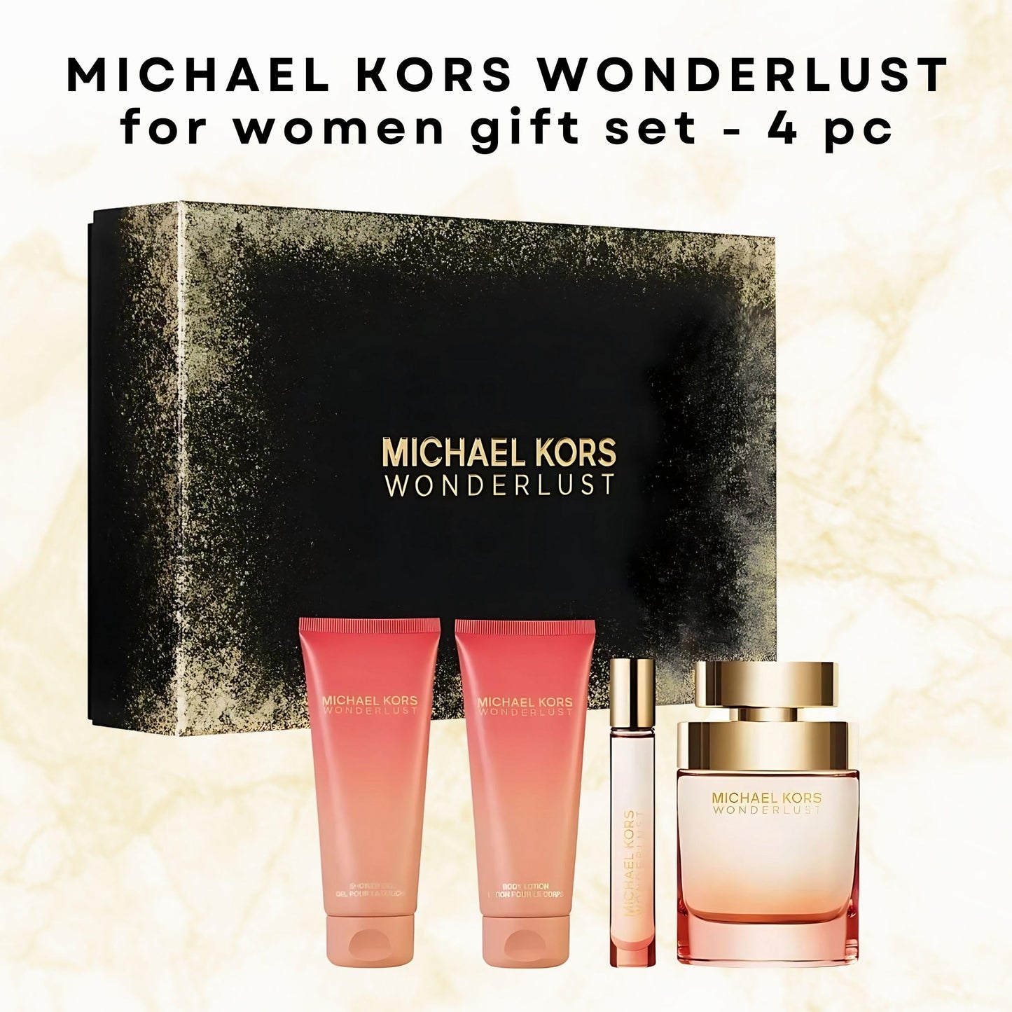 Michael Kors Wonderlust for Women 4 Pieces Gift Set, (3.4 Ounce Eau de Parfum Spray +3.4 Ounce Body Lotion +3.4 Ounce Shower Gel + 0.3 Ounce Eau de Parfum Spray)
