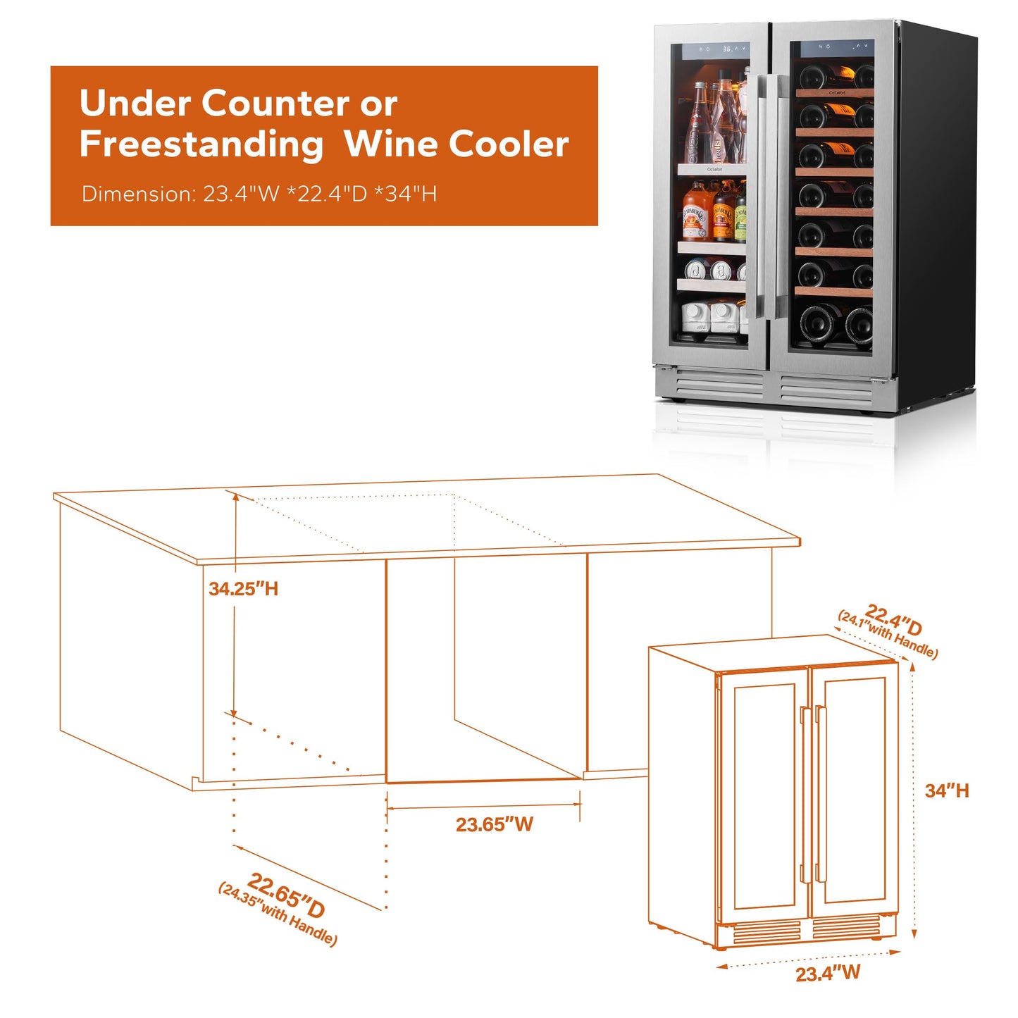 Ca'Lefort 24 Inch Wine and Beverage Refrigerator - 60 Can and 20 Bottle Wine Fridge Dual Zone 36-72°F, 3 LED Beverage Cooler Built in or Freestanding, Perfect for Home/Kitchen(4.10 cu.ft)