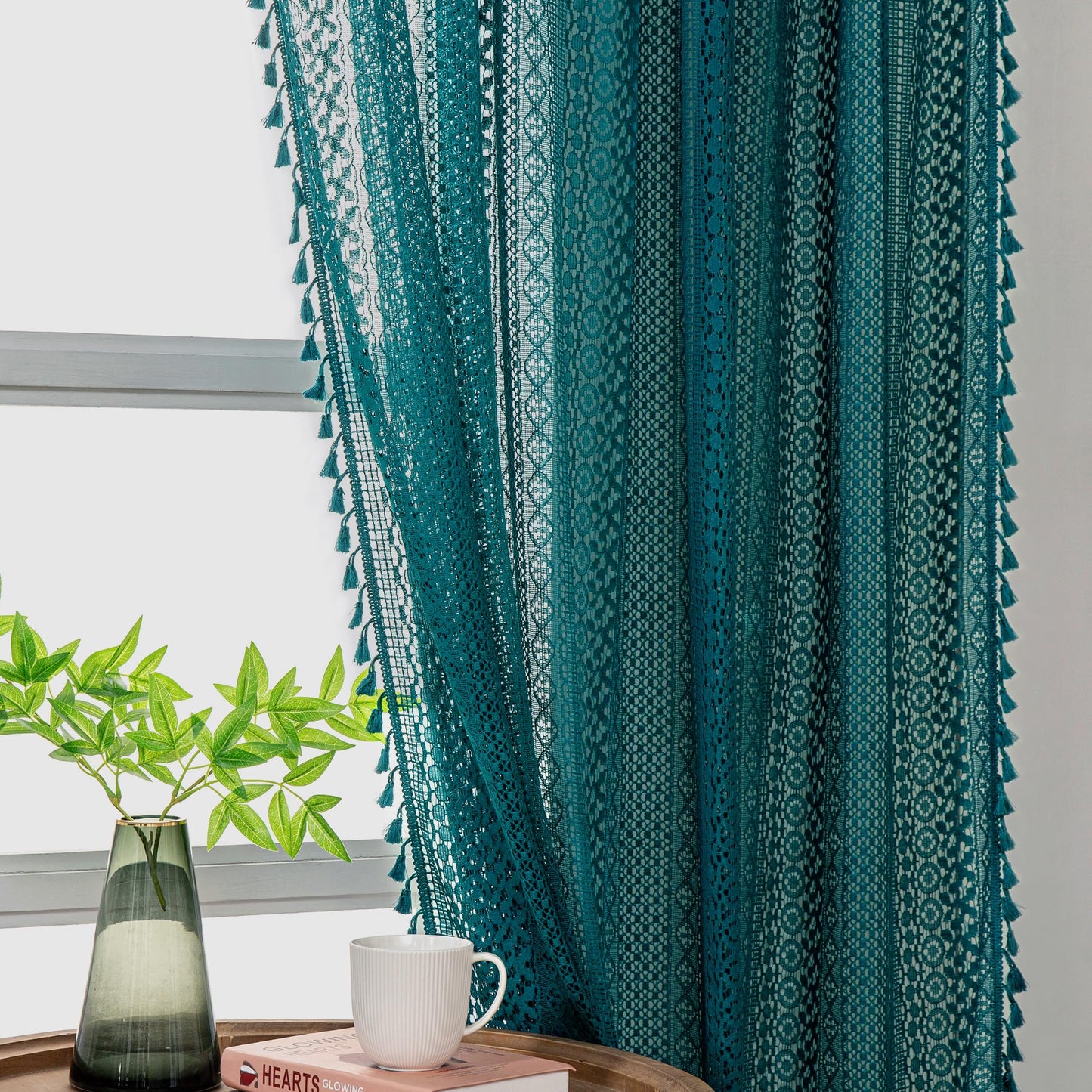 WAZZIO Teal Sheer Curtains 84 Inches Long Boho Cotton Crochet Lace Curtains with Tassel Rod Pocket Semi Sheer Light Filtering Curtain Drapes Teal Curtains for Bedroom Living Room 2 Panel,Turquoise