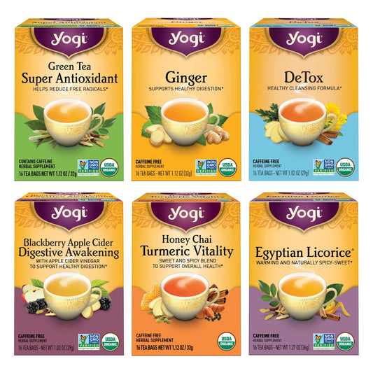 Yogi Digestion & DeTox Sampler Pack (6 Pack) - Wellness Support - Herbal & Green Tea - 96 Tea Bags