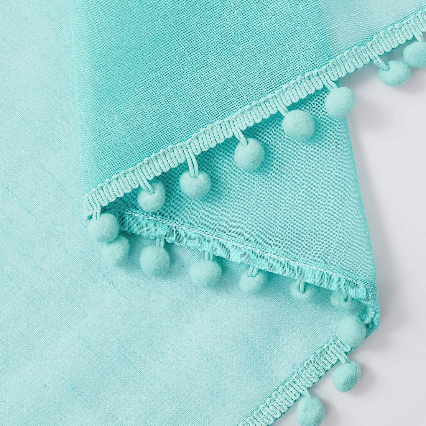 Treatmentex Aqua-Blue Pom-Pom Sheer Curtains for Bedroom Nursery Room 63inches Long Linen Textured Window Sheer Drapes 52" W, 1 Pair, Rod Pocket