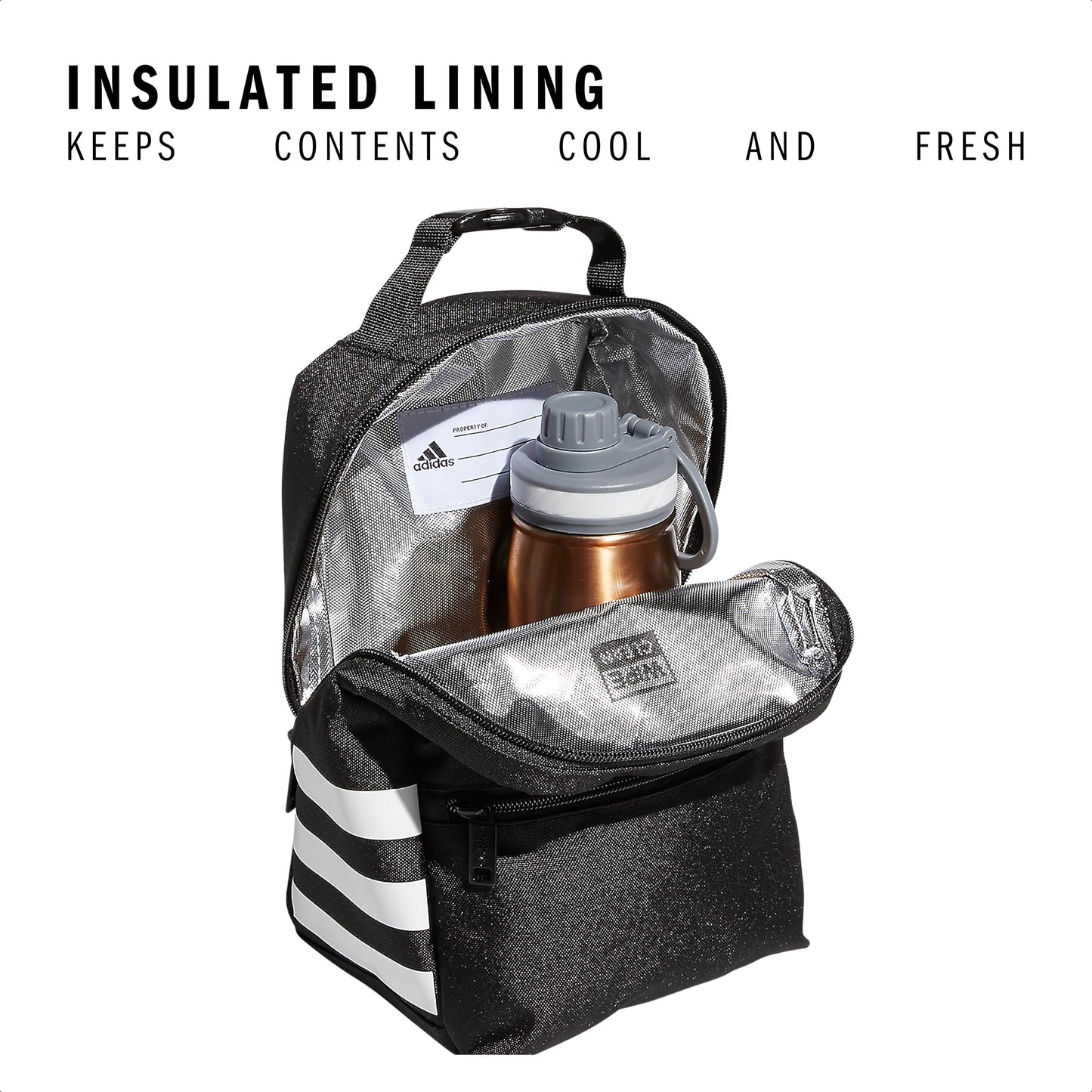 adidas Santiago Lunch Bag Cooler for Women and Men, Insulated Food Container Box with Mesh Pocket, Black/White/2.0, One Size