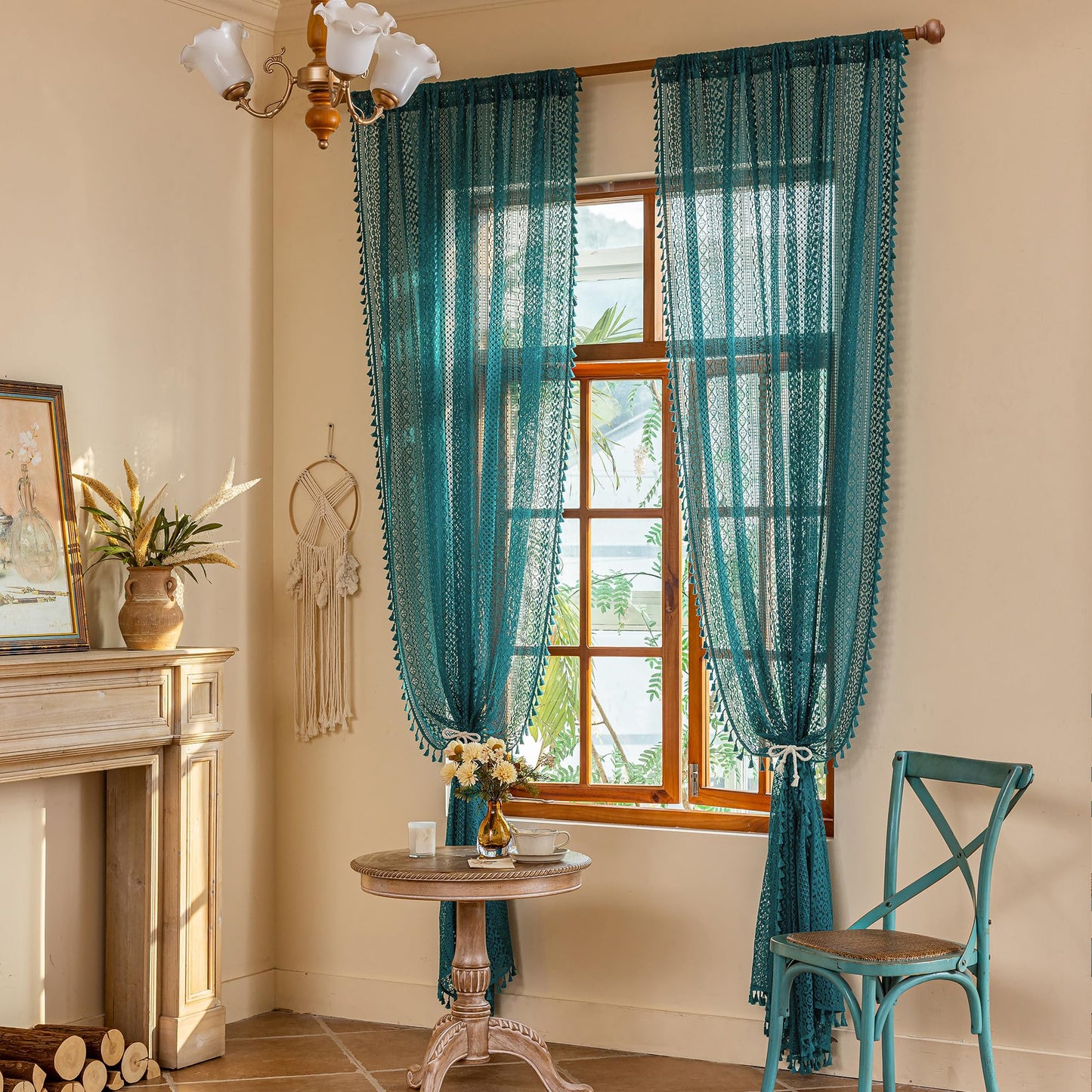 WAZZIO Teal Sheer Curtains 84 Inches Long Boho Cotton Crochet Lace Curtains with Tassel Rod Pocket Semi Sheer Light Filtering Curtain Drapes Teal Curtains for Bedroom Living Room 2 Panel,Turquoise