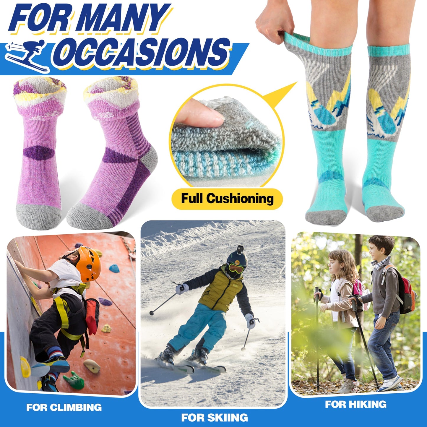 ANTSANG Kids Merino Wool Ski Socks for Girls Boys Teen Thermal Thick Warm Winter Hiking Knee High Stocking Stuffers Socks for Skiing Snowboarding(Skate B,8-12 Y)