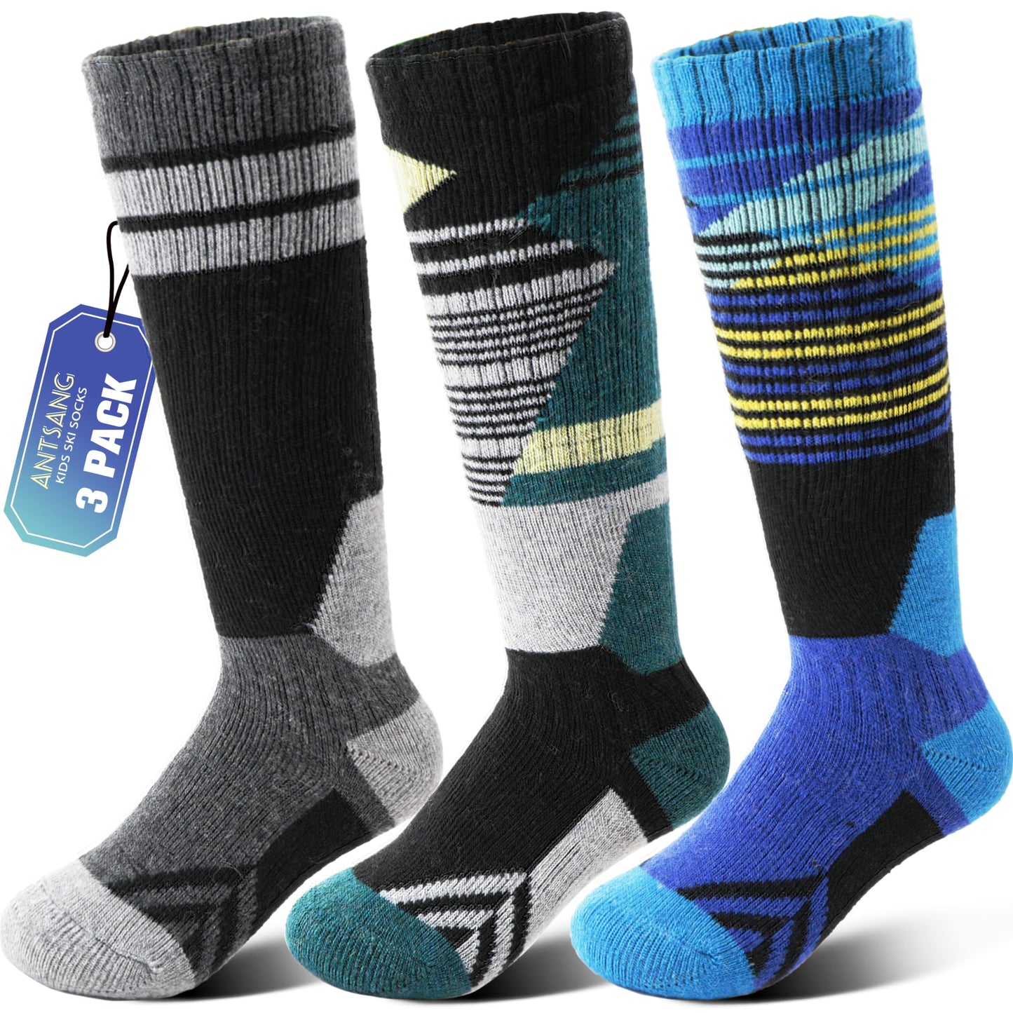 ANTSANG Kids Merino Wool Ski Socks for Boys Girls Teen Thermal Warm Thick Winter Hiking Knee High Socks Stocking Stuffers for Snowboarding Skiing(Assorted A,4-7 Y)