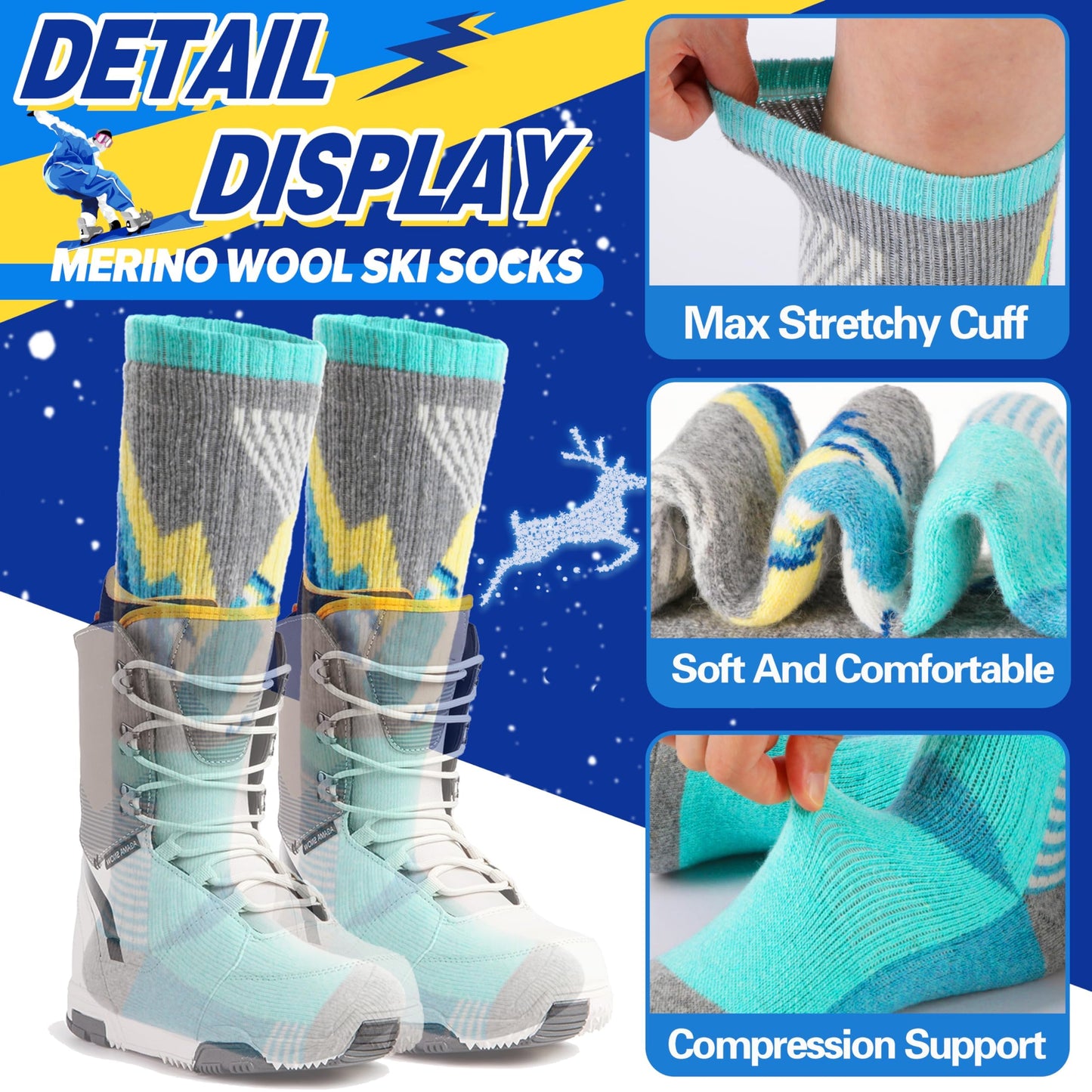 ANTSANG Kids Merino Wool Ski Socks for Girls Boys Teen Thermal Thick Warm Winter Hiking Knee High Stocking Stuffers Socks for Skiing Snowboarding(Skate B,8-12 Y)