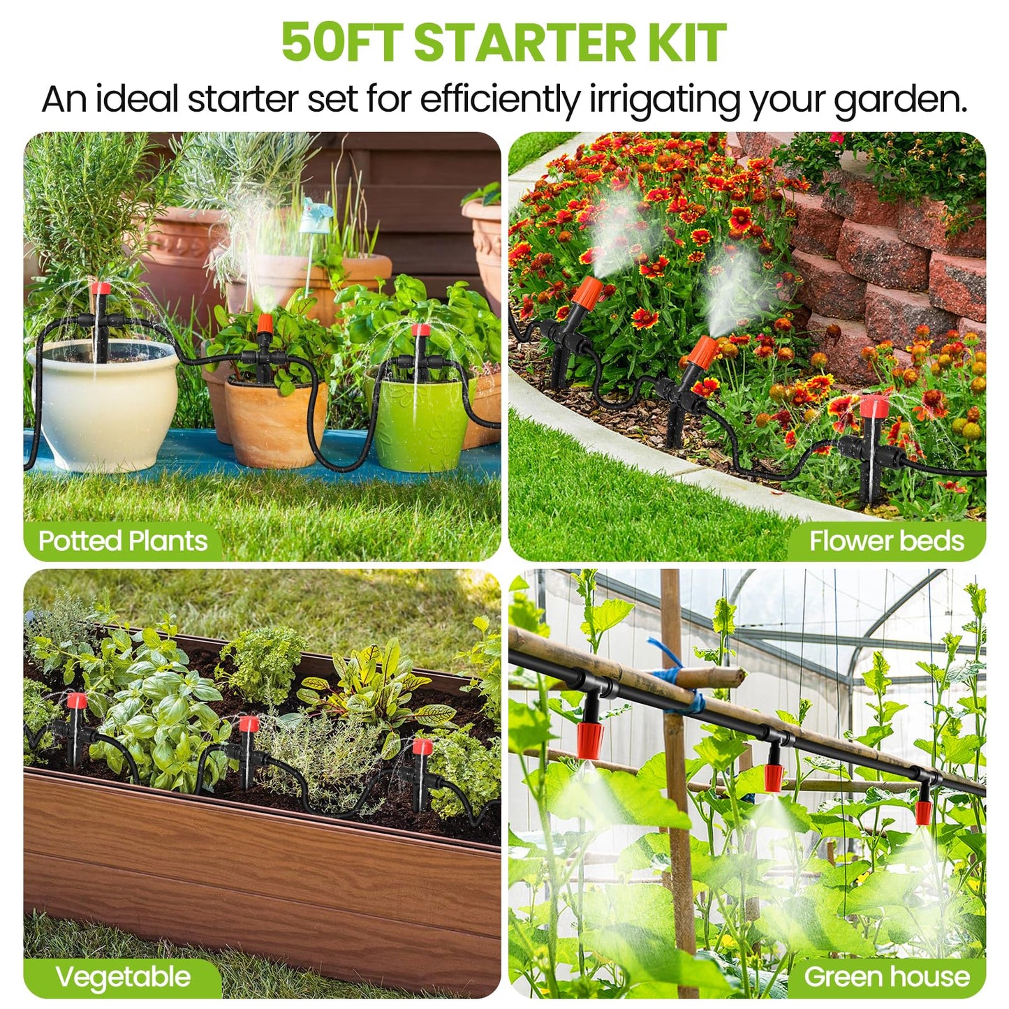 MIXC Drip Irrigation System, 50 FT Quick Connector Garden Watering System, Automatic Sprinkler Kit for Lawn Raised Bed Outdoor Plants Greenhouse with 1/4'' Tubing, Drip Emitters, Misting Nozzles