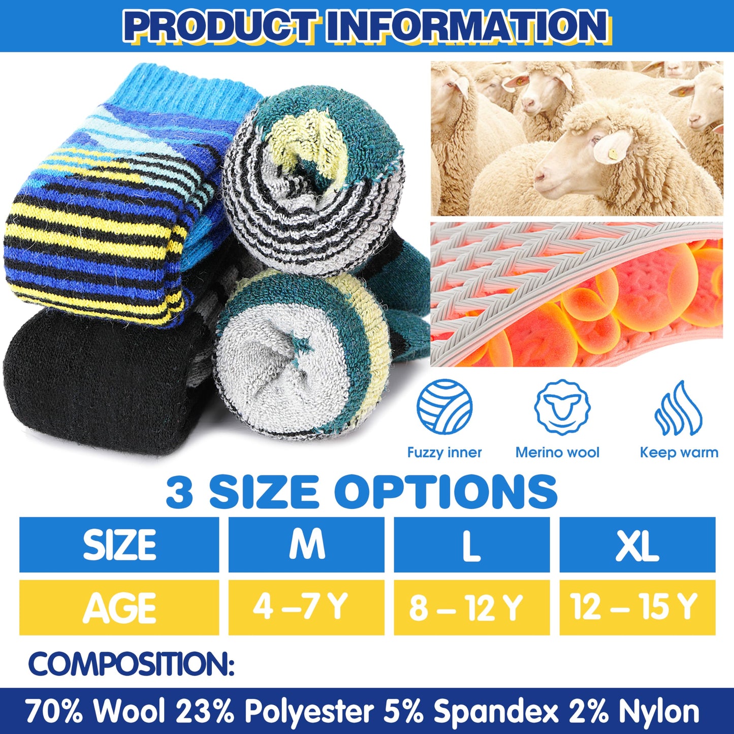 ANTSANG Kids Merino Wool Ski Socks for Boys Girls Teen Thermal Warm Thick Winter Hiking Knee High Socks Stocking Stuffers for Snowboarding Skiing(Assorted A,4-7 Y)