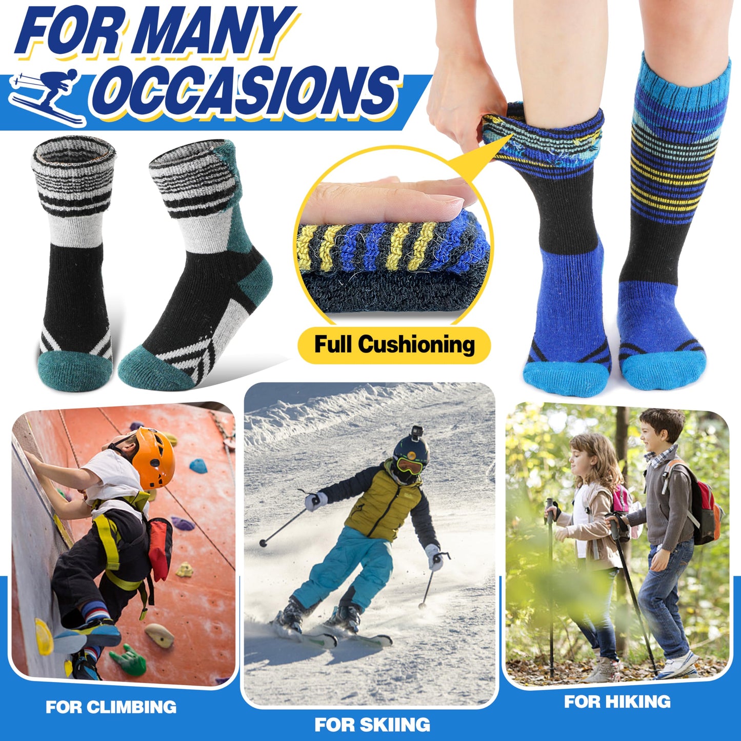 ANTSANG Kids Merino Wool Ski Socks for Boys Girls Teen Thermal Warm Thick Winter Hiking Knee High Socks Stocking Stuffers for Snowboarding Skiing(Assorted A,4-7 Y)