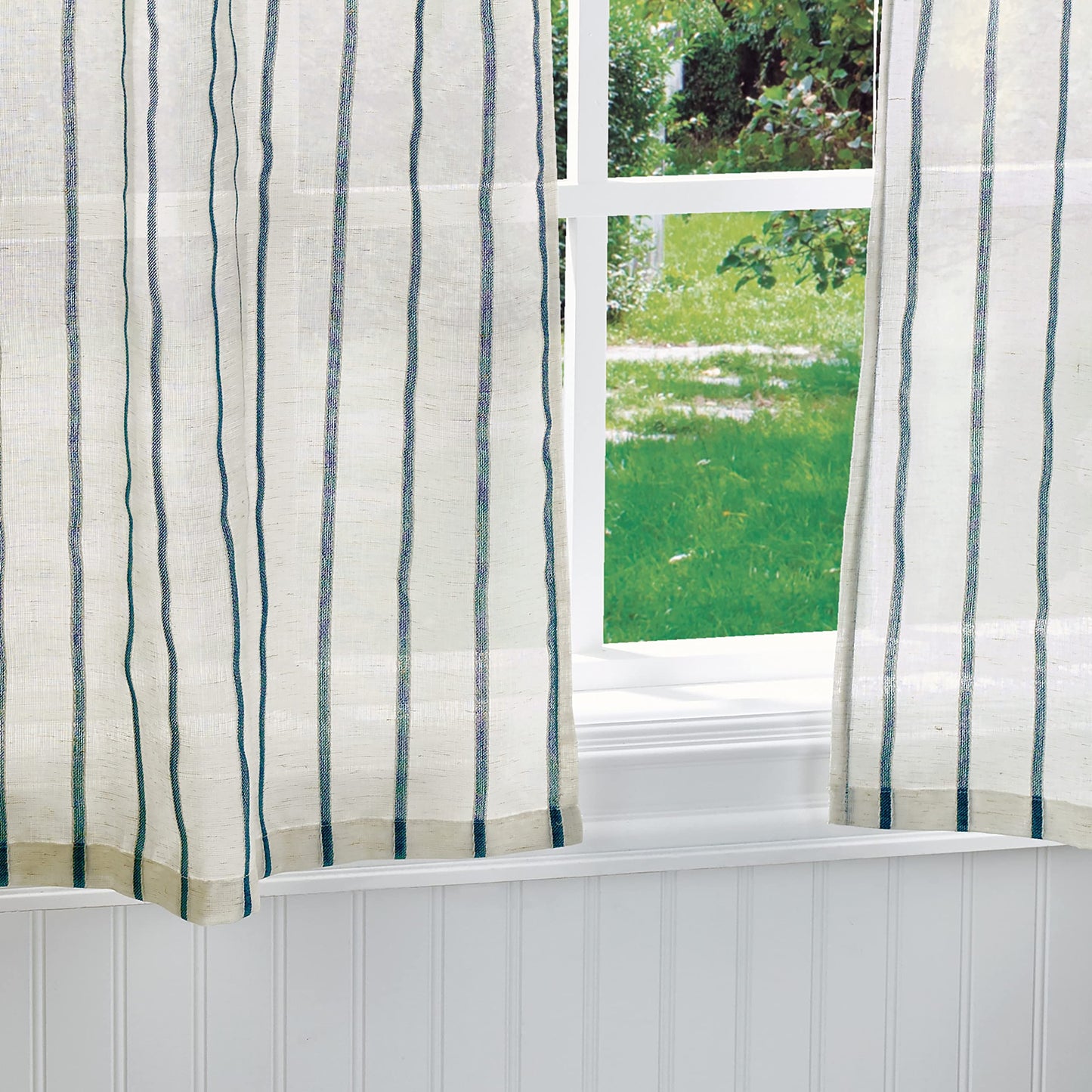 Martha Stewart Laguna Stripe Semi-Sheer Tie Tab Window Curtain Valance and Tiers Set, Navy