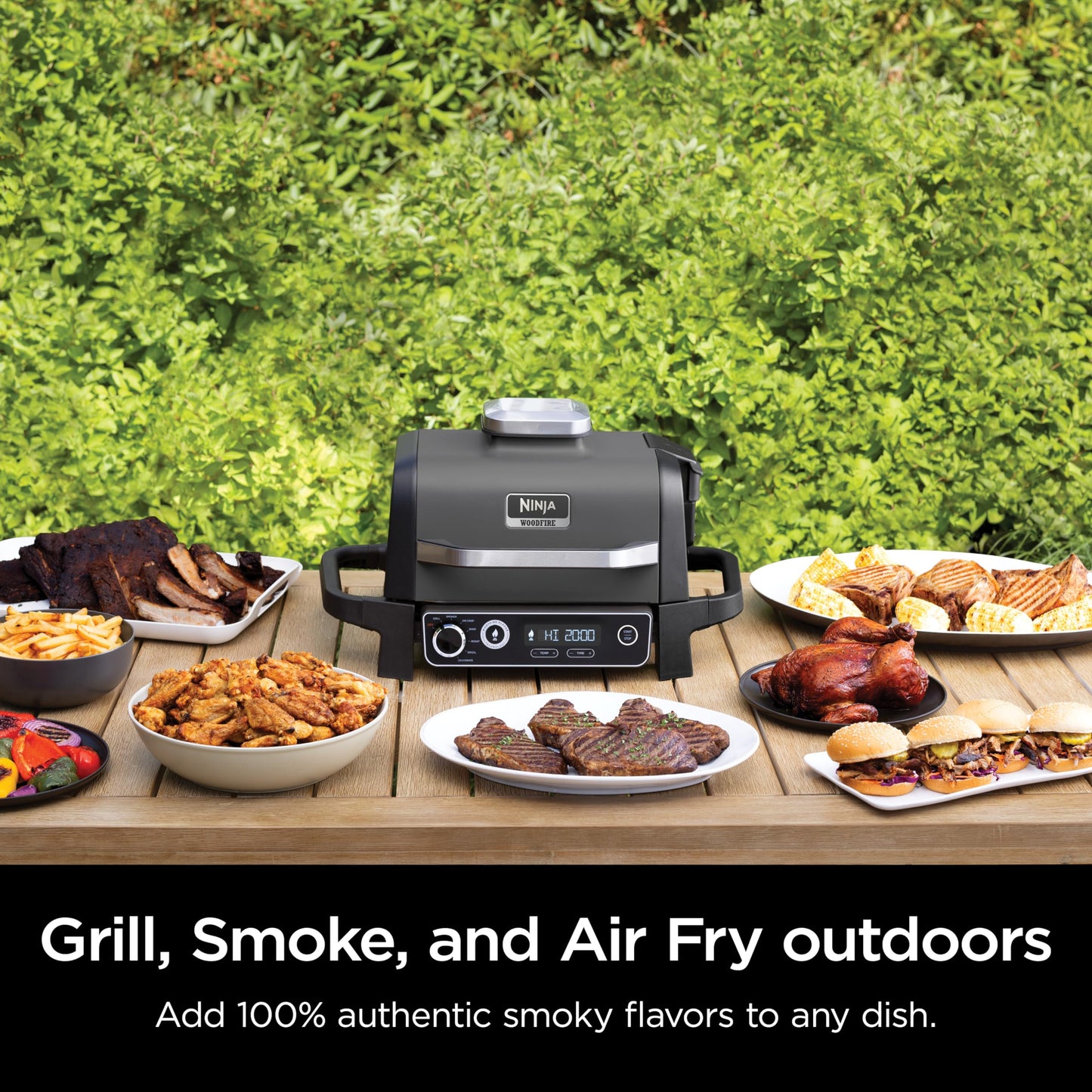 Ninja | Woodfire Series | 7-in-1 (Grill, BBQ, Roast, Air Fry, Dehydrate, Broil, Smoke) | Portable & Weather Resistant | Cook Up To 6 Steaks & 30 Hot Dogs | Woodfire Pellets included | OG701