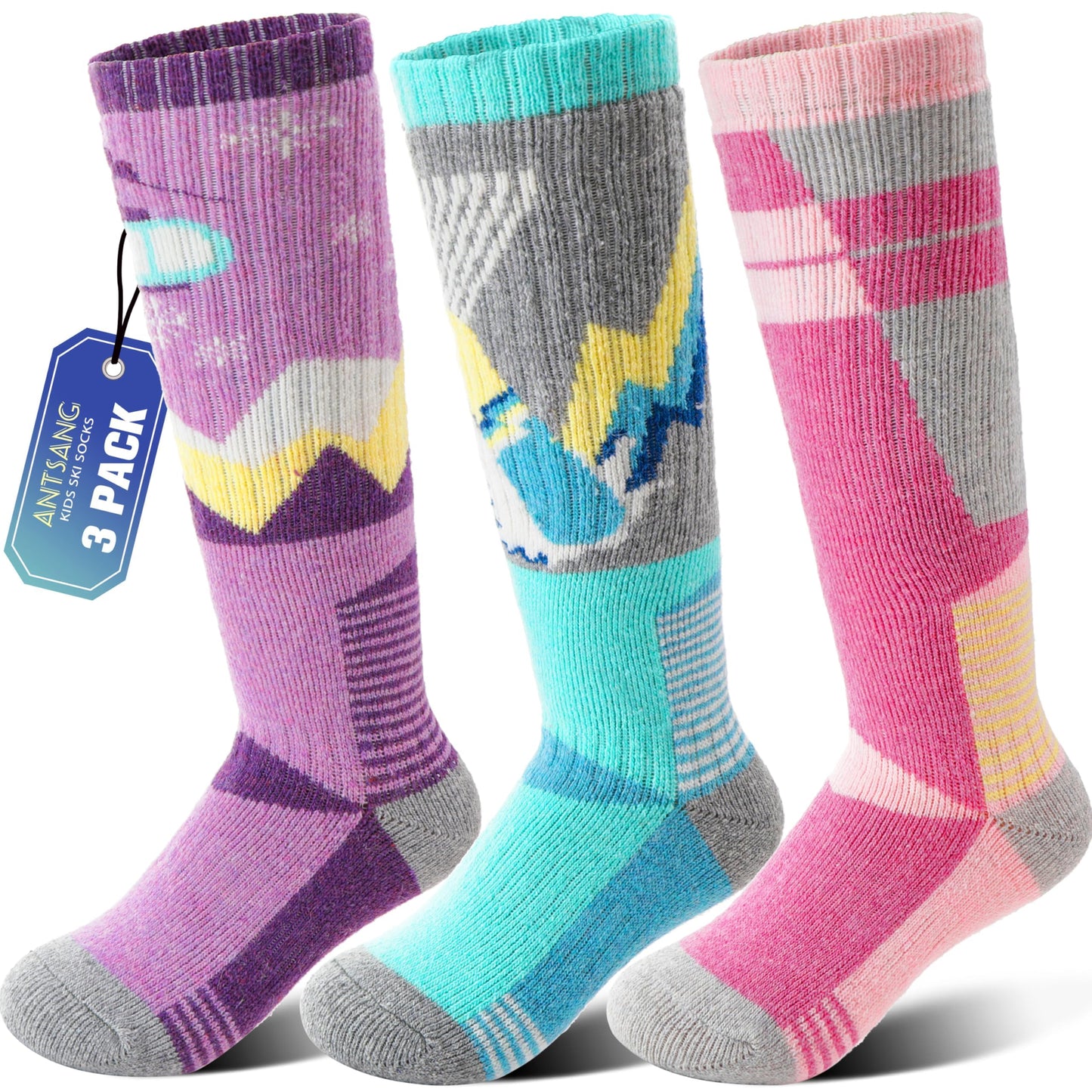 ANTSANG Kids Merino Wool Ski Socks for Girls Boys Teen Thermal Thick Warm Winter Hiking Knee High Stocking Stuffers Socks for Skiing Snowboarding(Skate B,8-12 Y)