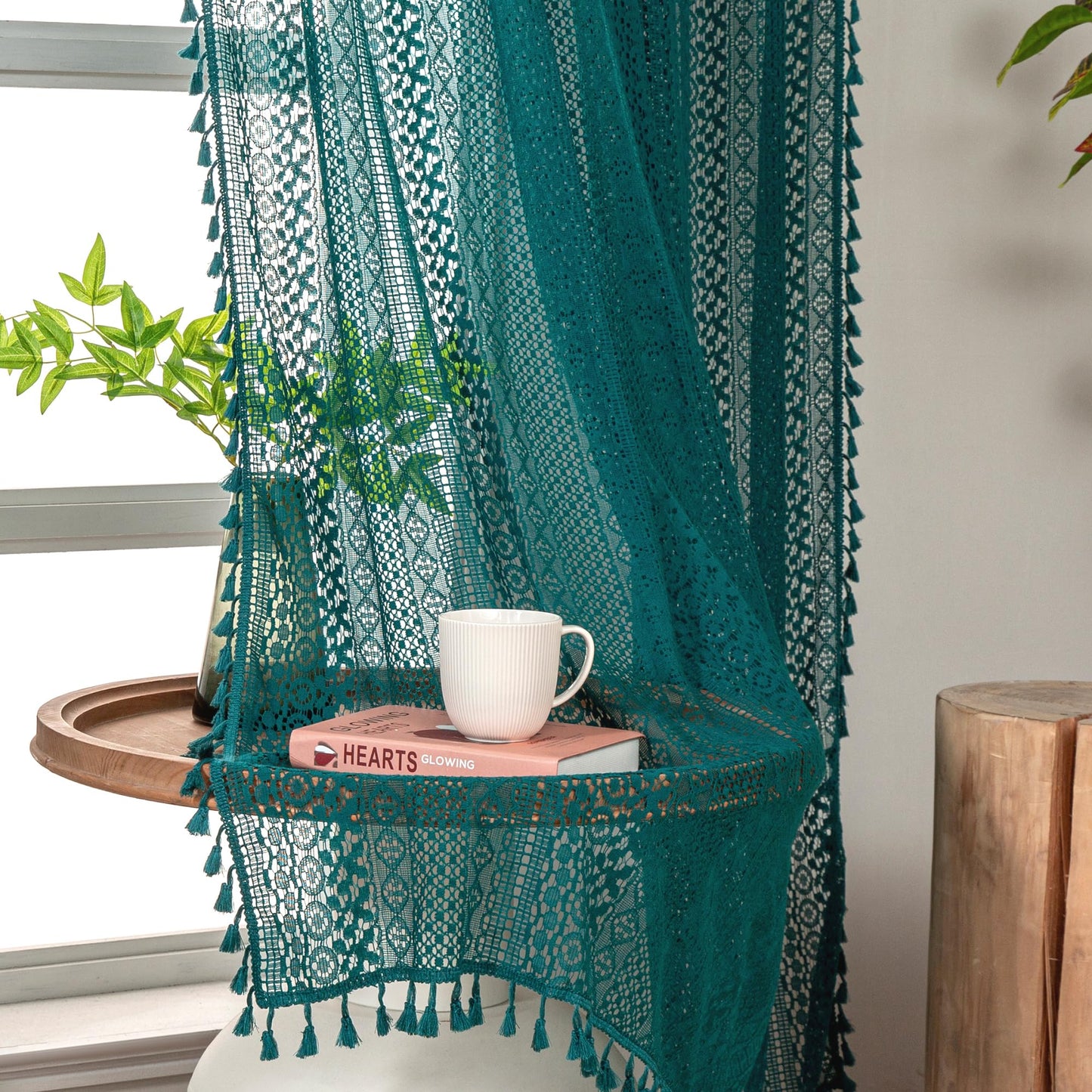 WAZZIO Teal Sheer Curtains 84 Inches Long Boho Cotton Crochet Lace Curtains with Tassel Rod Pocket Semi Sheer Light Filtering Curtain Drapes Teal Curtains for Bedroom Living Room 2 Panel,Turquoise