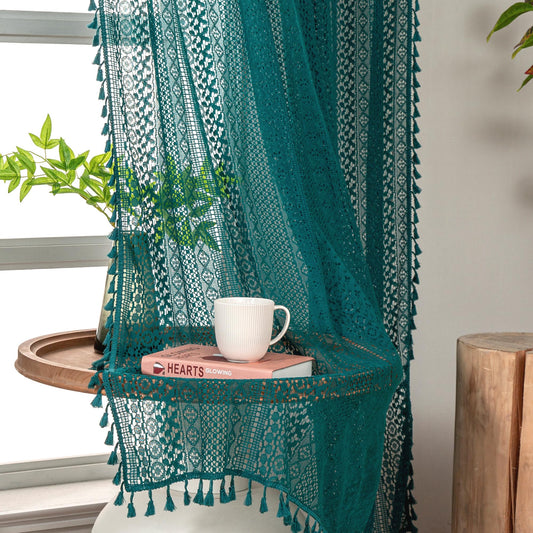 WAZZIO Teal Sheer Curtains 84 Inches Long Boho Cotton Crochet Lace Curtains with Tassel Rod Pocket Semi Sheer Light Filtering Curtain Drapes Teal Curtains for Bedroom Living Room 2 Panel,Turquoise