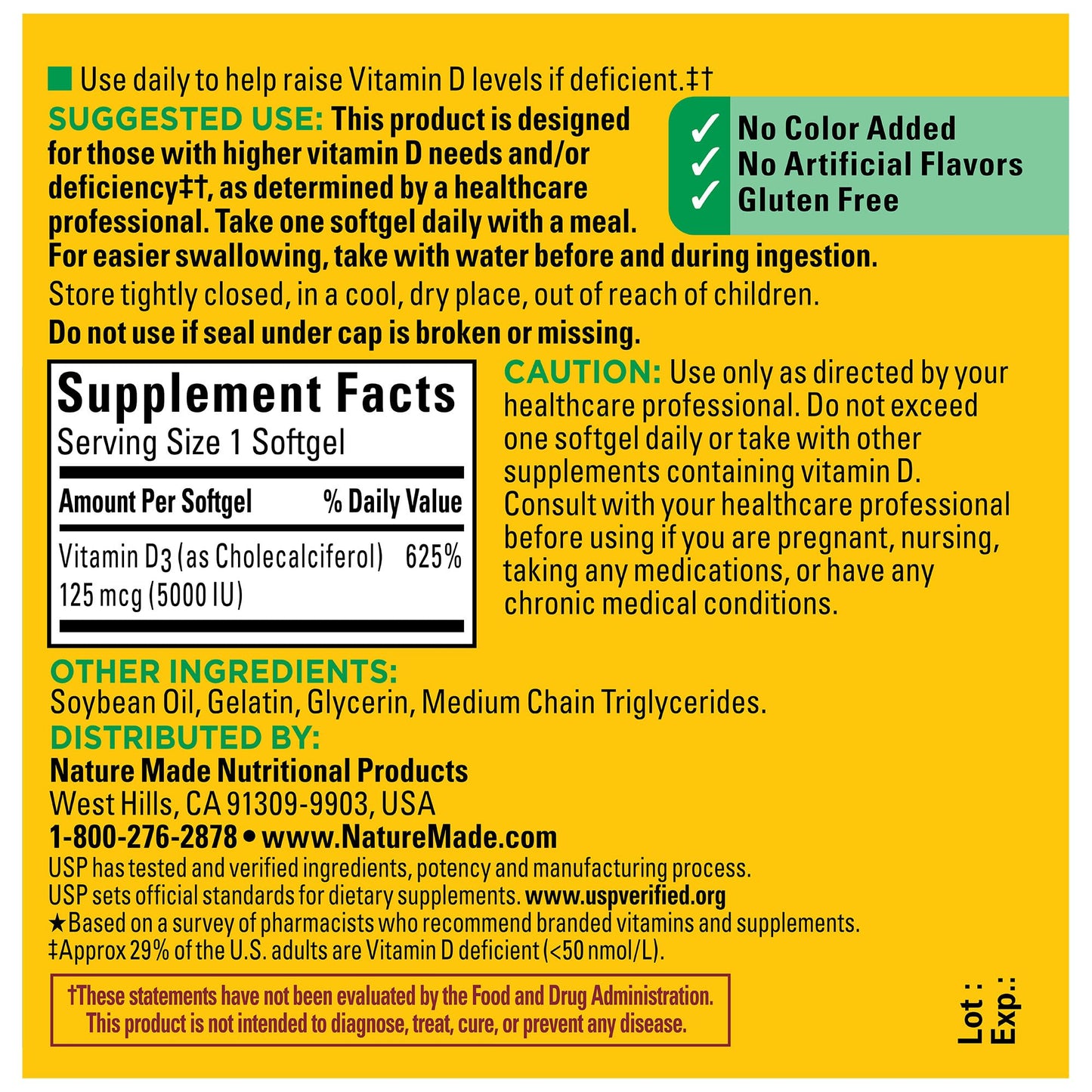 Nature Made Extra Strength Vitamin D3 5000 IU (125 mcg), Dietary Supplement for Bone, Teeth, Muscle and Immune Health Support, 180 Softgels, 180 Day Supply