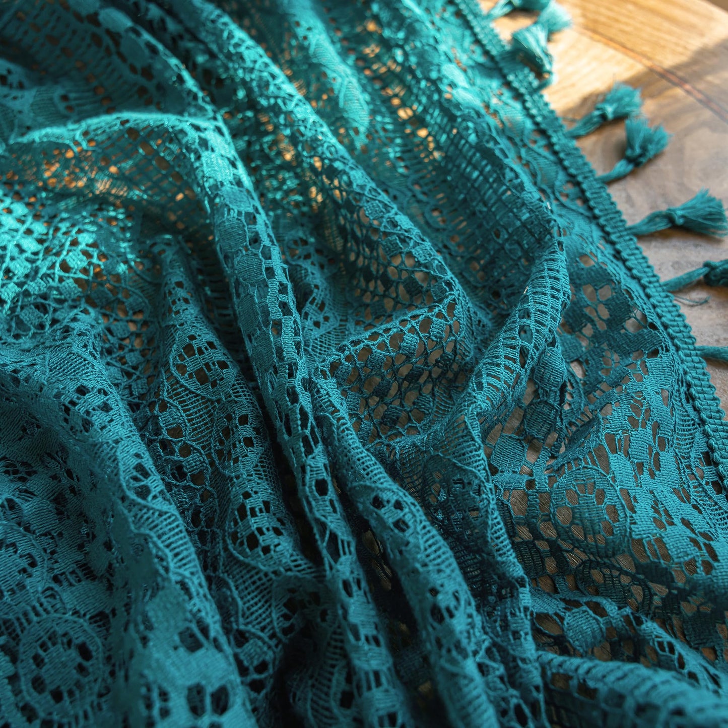WAZZIO Teal Sheer Curtains 84 Inches Long Boho Cotton Crochet Lace Curtains with Tassel Rod Pocket Semi Sheer Light Filtering Curtain Drapes Teal Curtains for Bedroom Living Room 2 Panel,Turquoise