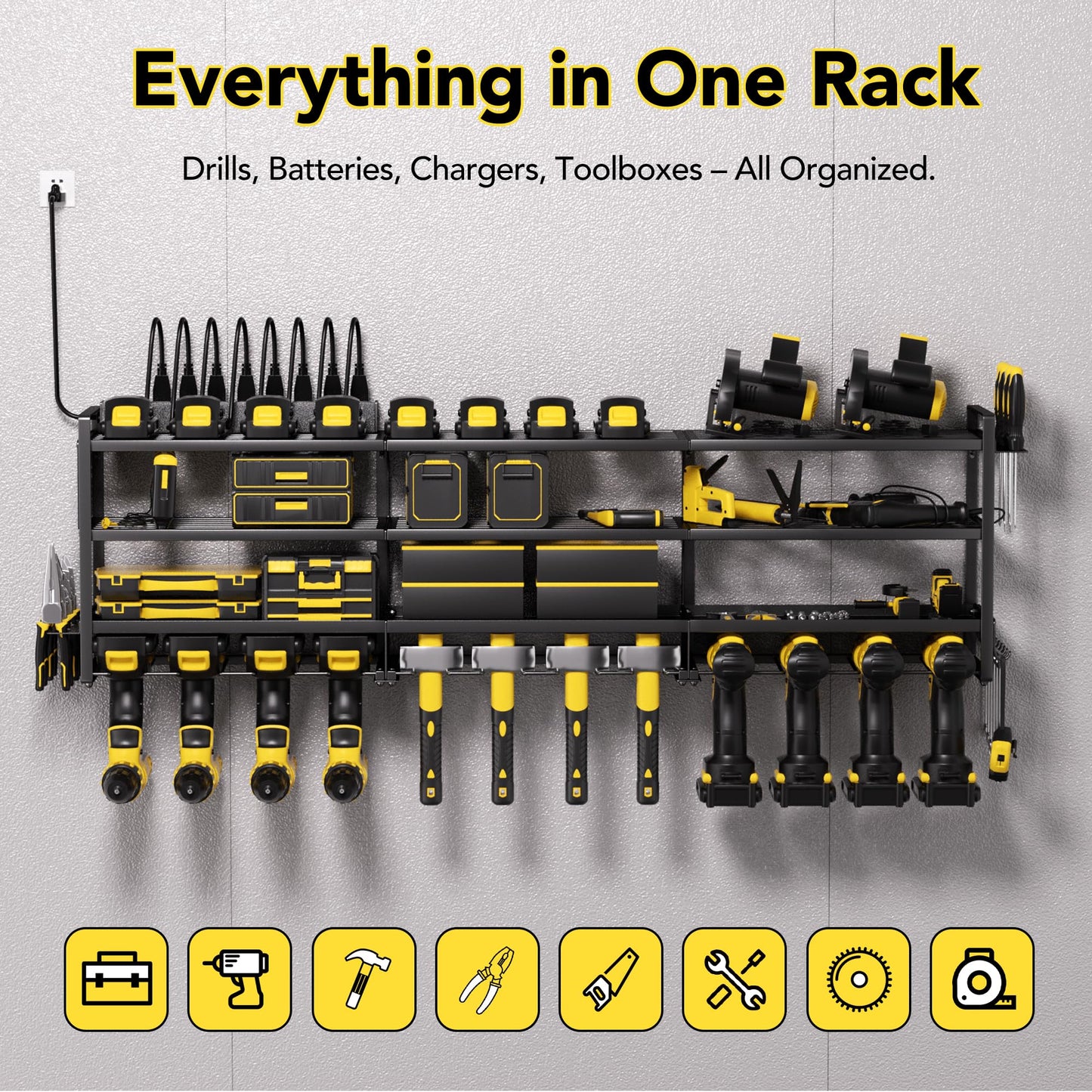 YFFSRJDJ Power Tool Organizer Wall Mount with Charging Station, Cordless Tool Organizer, 12 Drill Holders 4-Tier Heavy Duty Drill Rack with 8-Outlet Power Strip, Garage Gift for Men