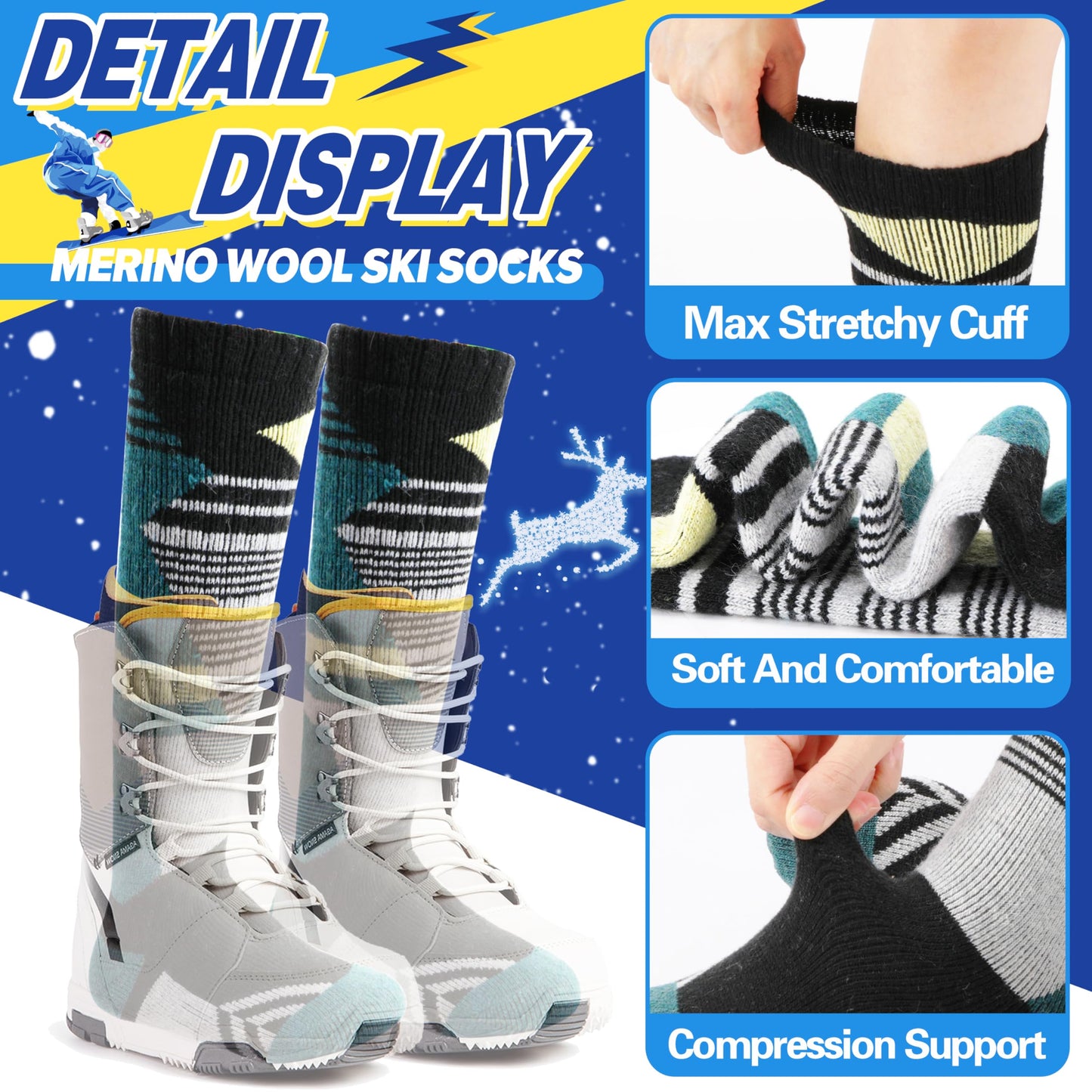 ANTSANG Kids Merino Wool Ski Socks for Boys Girls Teen Thermal Warm Thick Winter Hiking Knee High Socks Stocking Stuffers for Snowboarding Skiing(Assorted A,4-7 Y)