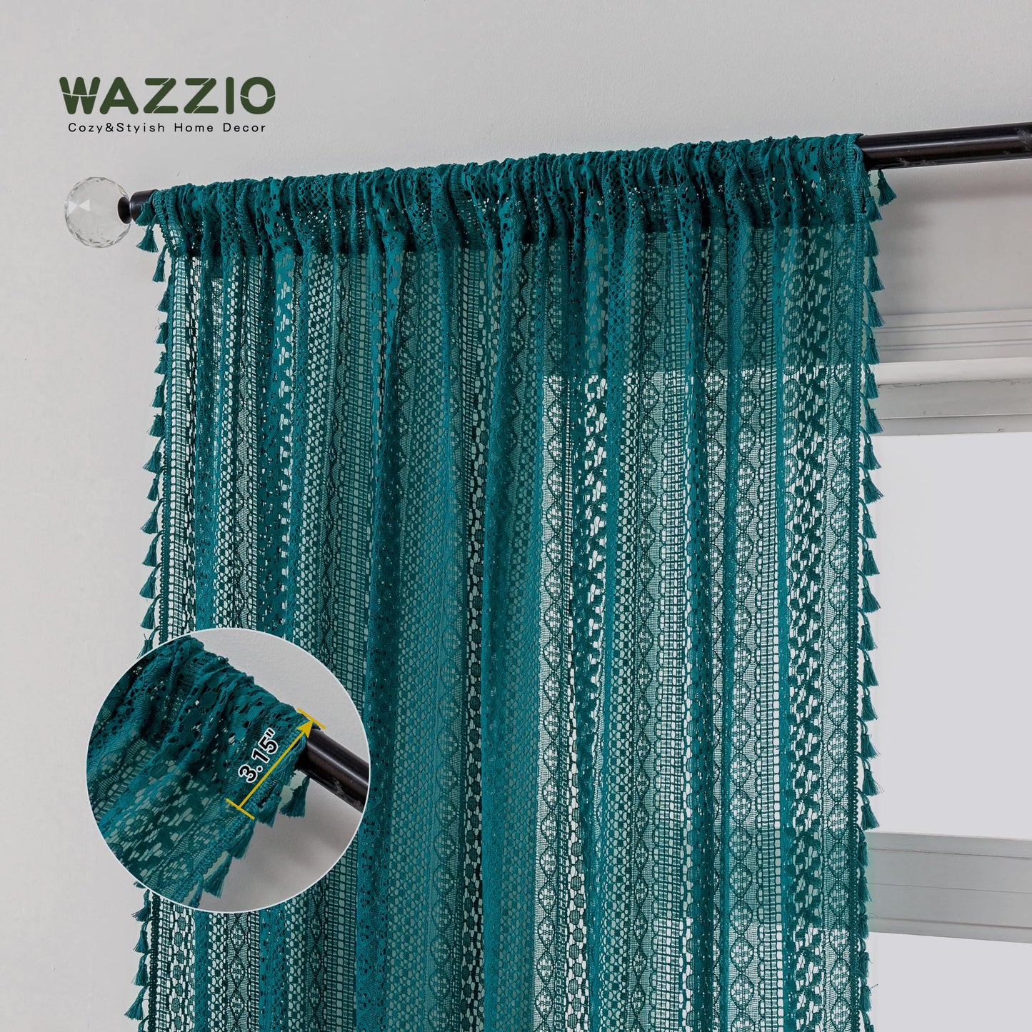 WAZZIO Teal Sheer Curtains 84 Inches Long Boho Cotton Crochet Lace Curtains with Tassel Rod Pocket Semi Sheer Light Filtering Curtain Drapes Teal Curtains for Bedroom Living Room 2 Panel,Turquoise