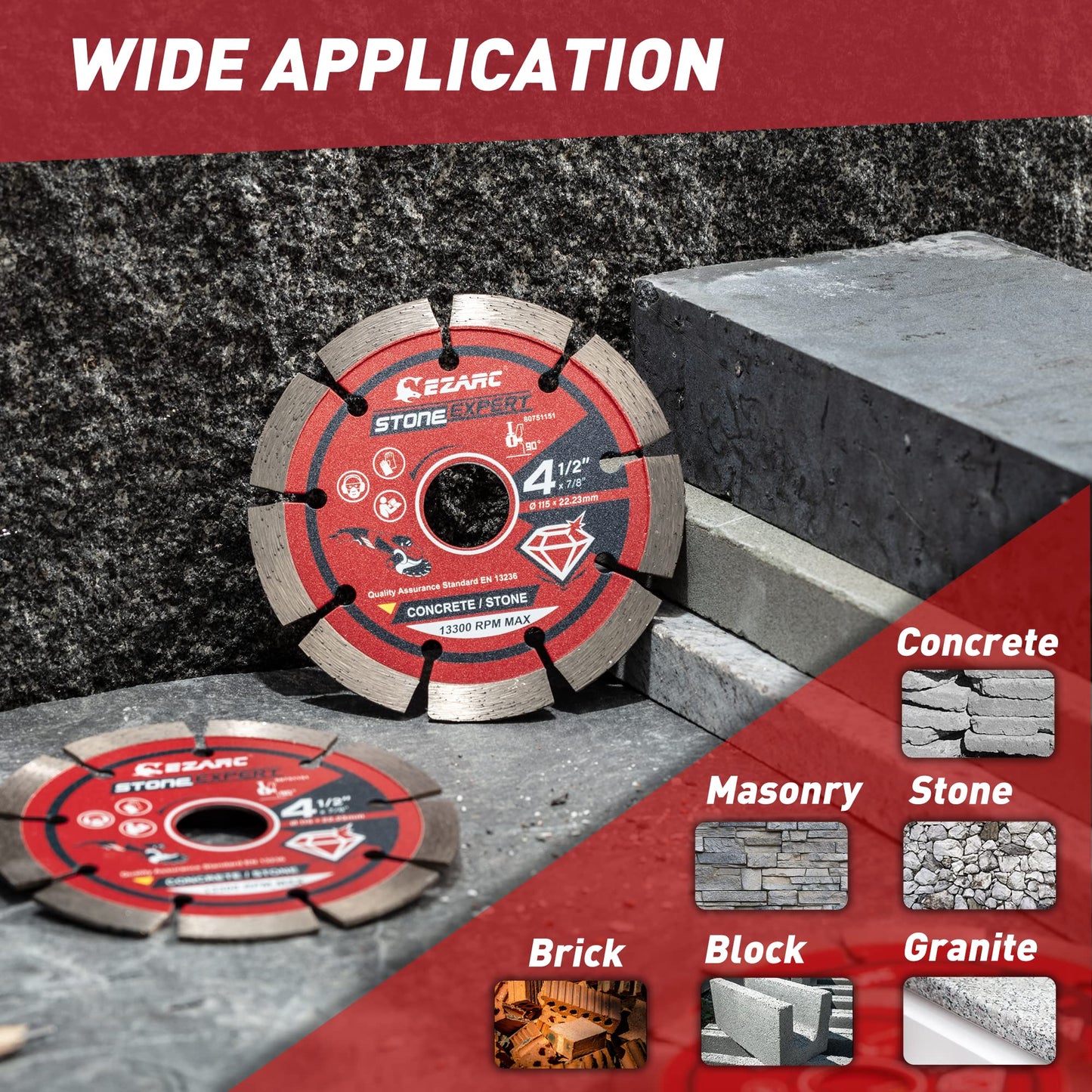 EZARC 4-1/2 inch Segmented Diamond Blade, Diamond Cutting Wheel for Angle Grinder Stone Master, 4.5" Stone Blade for Cutting Concrete Granite Masonry Brick, 7/8"-20mm-5/8 Arbor (2-Pack)