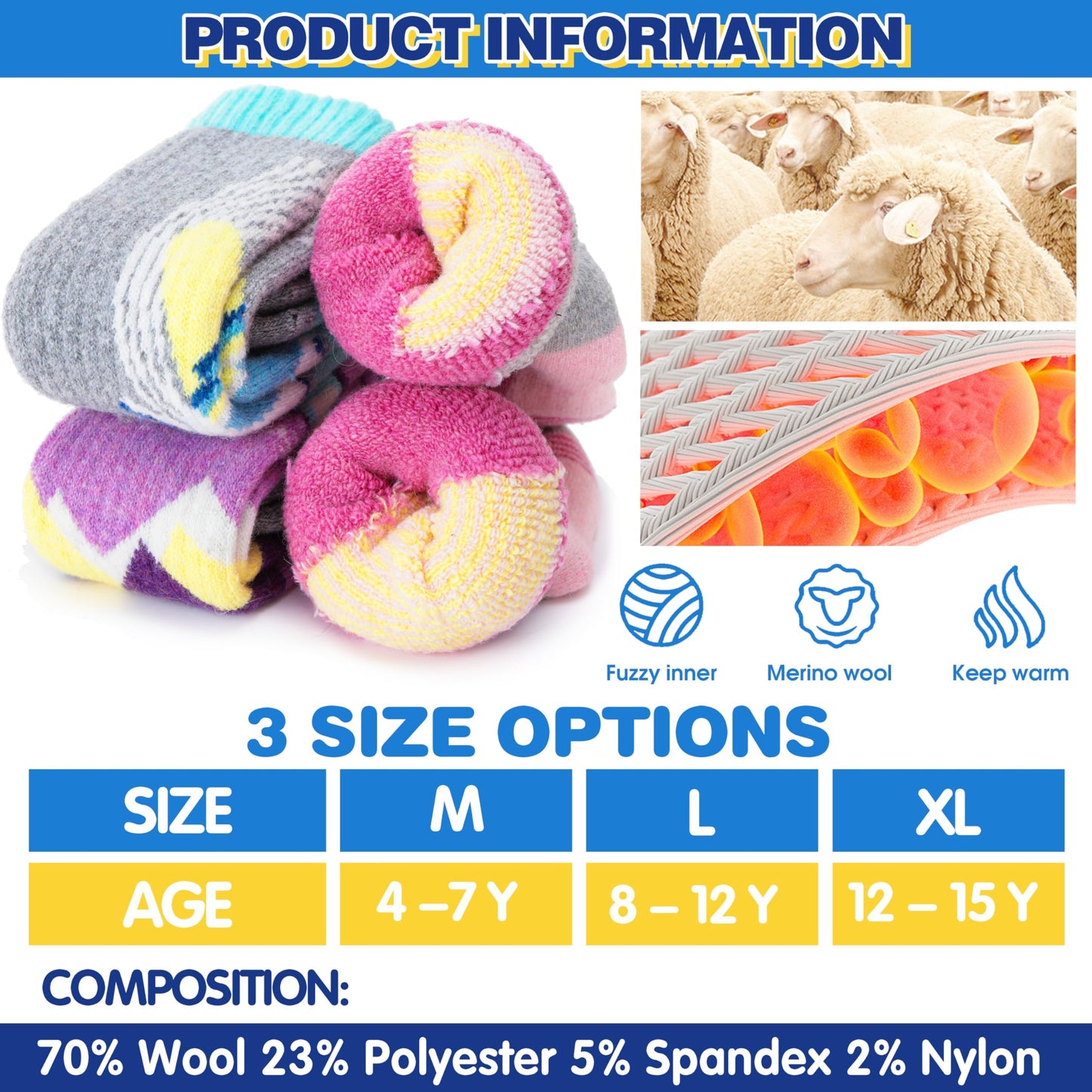 ANTSANG Kids Merino Wool Ski Socks for Girls Boys Teen Thermal Thick Warm Winter Hiking Knee High Stocking Stuffers Socks for Skiing Snowboarding(Skate B,8-12 Y)