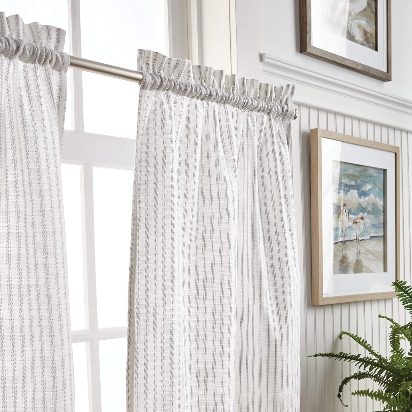 Martha Stewart Ticking Stripe 3-Piece Window Curtain Valance and Tiers Set, White Grey