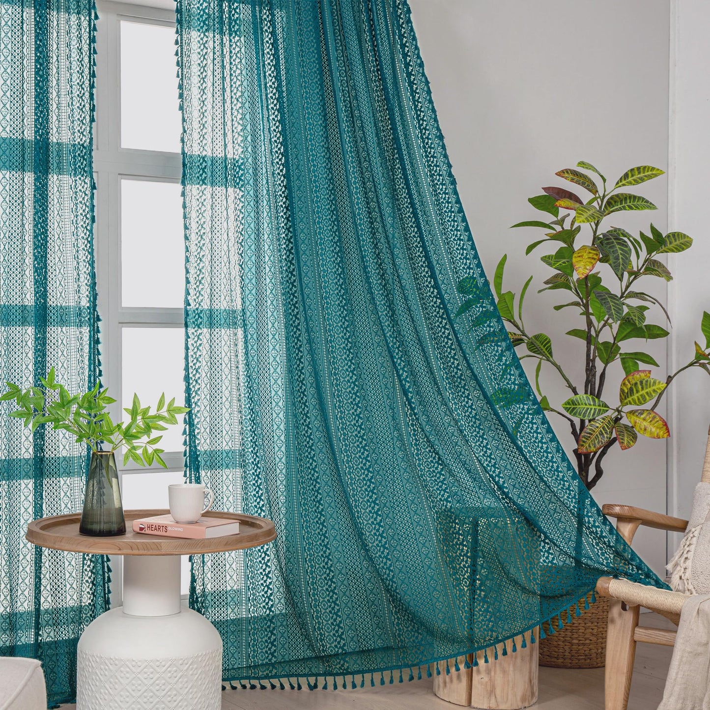 WAZZIO Teal Sheer Curtains 84 Inches Long Boho Cotton Crochet Lace Curtains with Tassel Rod Pocket Semi Sheer Light Filtering Curtain Drapes Teal Curtains for Bedroom Living Room 2 Panel,Turquoise