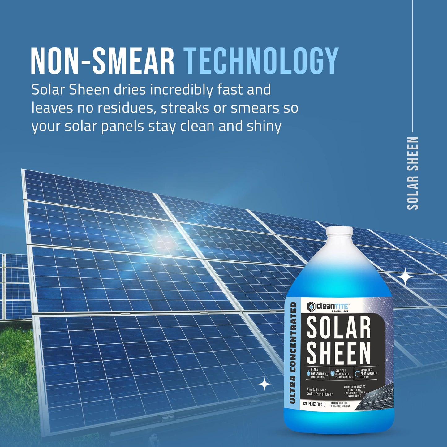 CLEANTITE Solar Panel Cleaner 1 Gallon (Makes 512 G) - Super Concentrated Cleaning Solution for Glass, Metal, Wood & Plastic - Remove Oil, Fingerprint & Water Spots - Multipurpose Solar Panel Cleaning