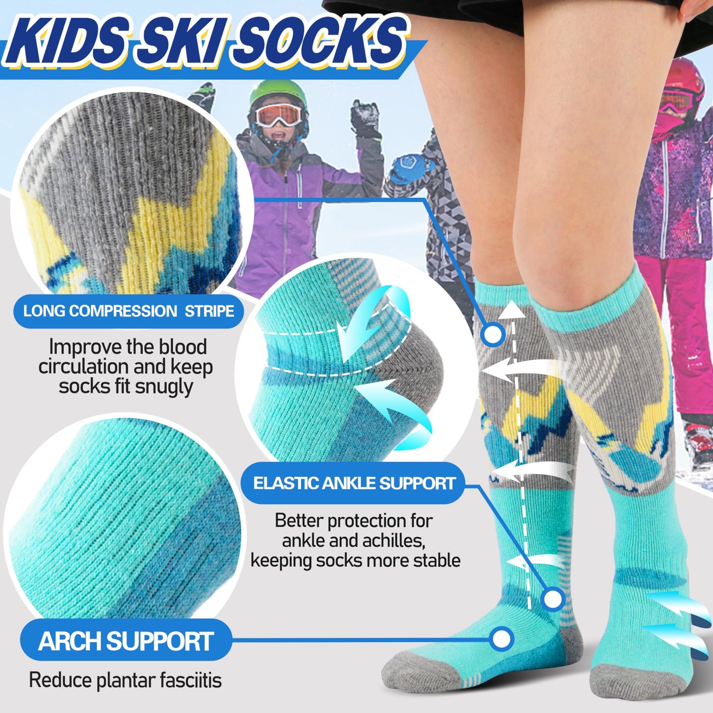 ANTSANG Kids Merino Wool Ski Socks for Girls Boys Teen Thermal Thick Warm Winter Hiking Knee High Stocking Stuffers Socks for Skiing Snowboarding(Skate B,8-12 Y)