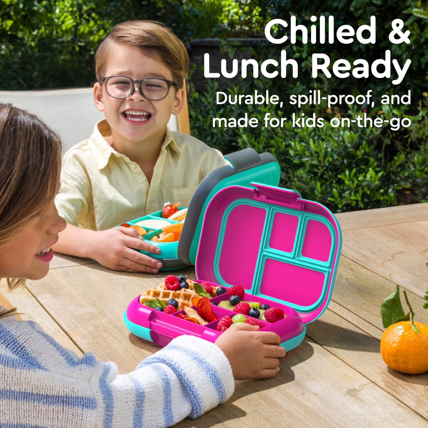 Bentgo Chill Kids Leak-Proof Lunch Box - 4-Compartment Bento Box with Built-In Ice Pack, 3.3 Cup Capacity, PFAS & BPA-Free, Microwave & Dishwasher Safe, Ideal Size for Ages 3 to 7 (Fuchsia/Teal)