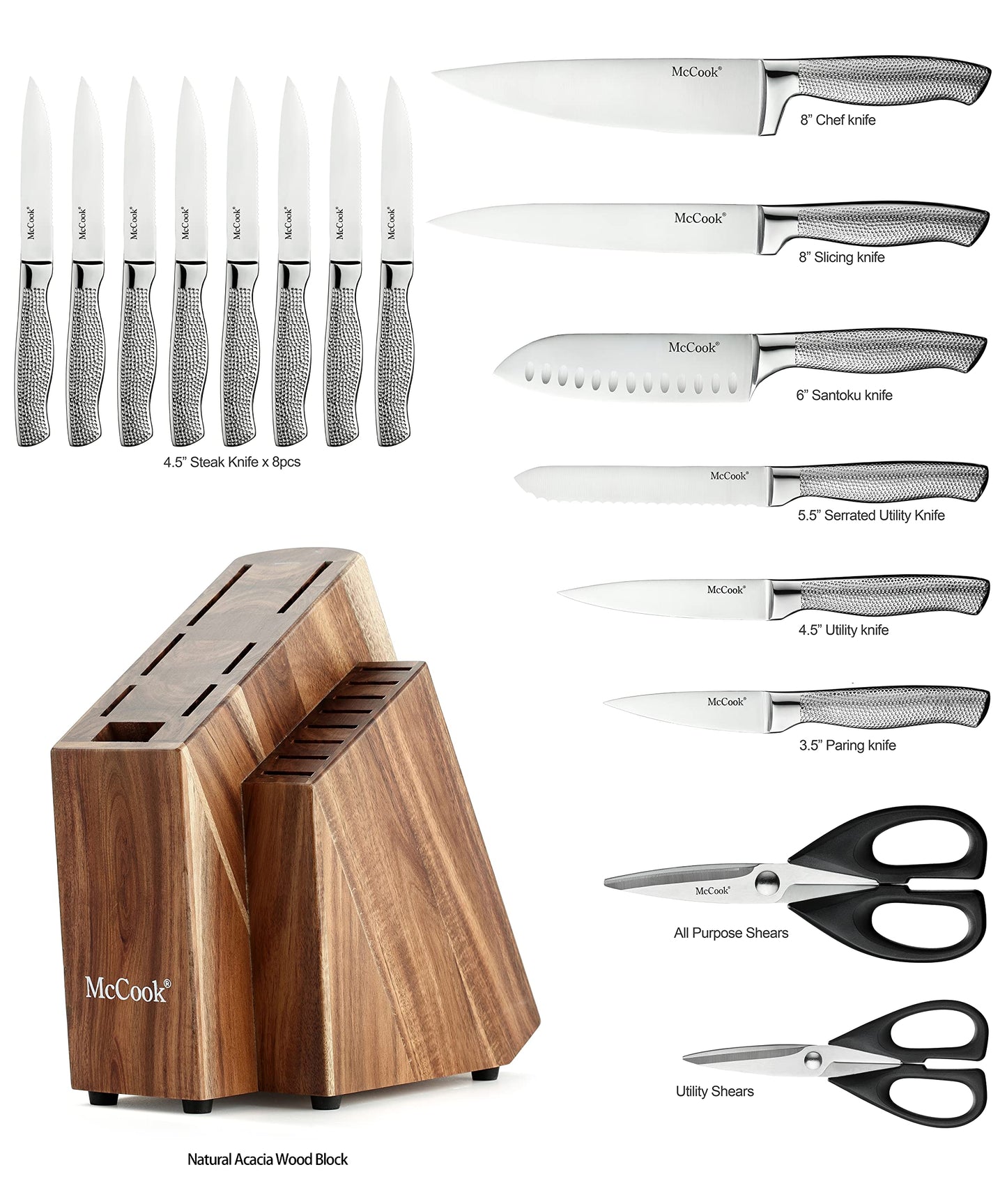 McCook® Premium Knife Sets,Full Tang Hammered German Stainless Steel Kitchen Knife Set with 8 Pieces Steak Knives and Acacia Block