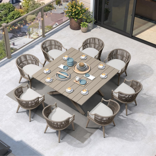 PURPLE LEAF 9 Pieces Outdoor Dining Set All Weather Wicker Patio Dining Set with Square Aluminum Table and Modern Armrest Dining Chairs for Garden Deck Backyard Kitchen, Champagne