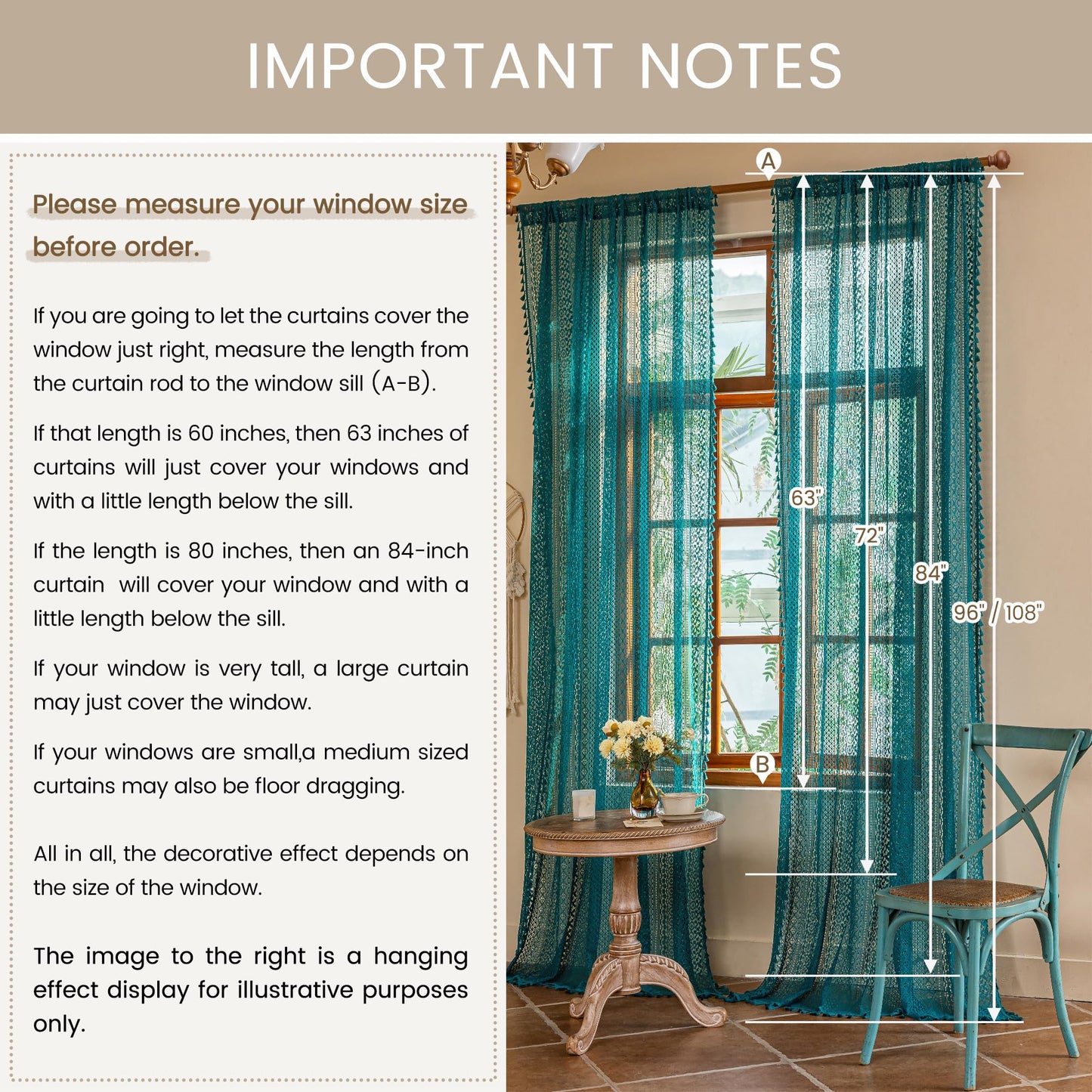 WAZZIO Teal Sheer Curtains 84 Inches Long Boho Cotton Crochet Lace Curtains with Tassel Rod Pocket Semi Sheer Light Filtering Curtain Drapes Teal Curtains for Bedroom Living Room 2 Panel,Turquoise